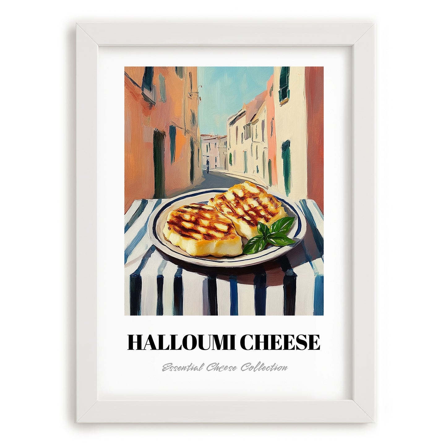Halloumi – Italian Street Café Scene, Cheese Painting, placed in minimal white frame