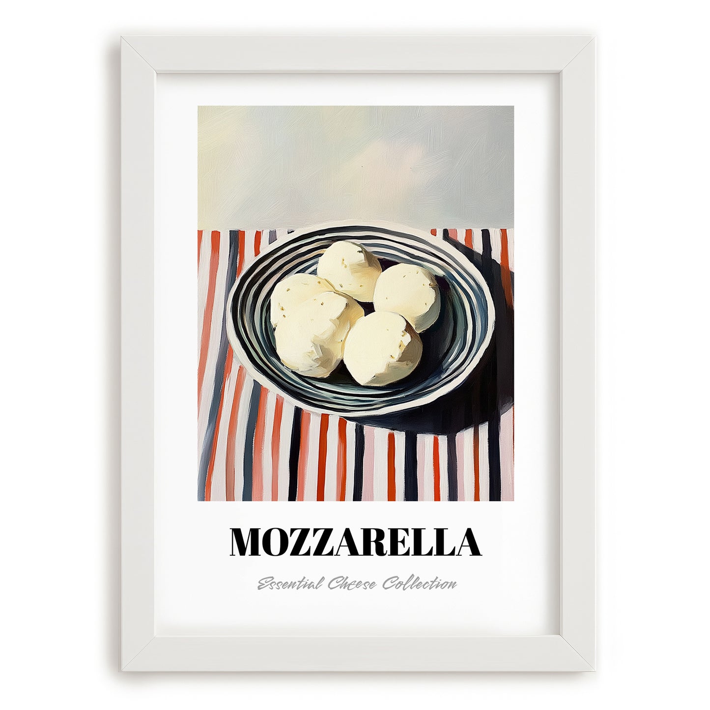 Mozzarella – on Striped Tablecloth, Cheese Wall Decor, placed in minimal white frame