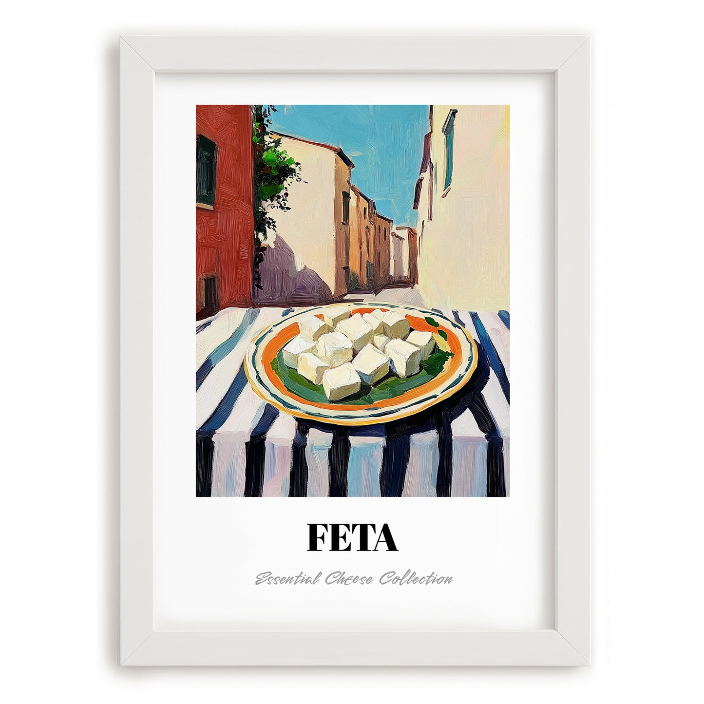 Feta – Italian Street Café Scene, Cheese Poster, placed in minimal white frame