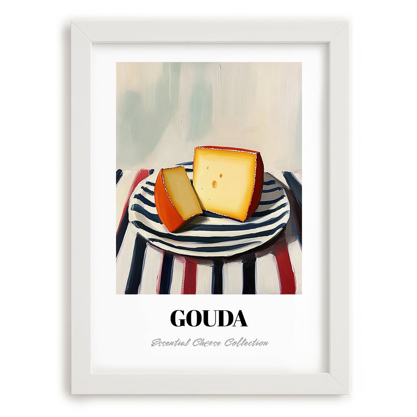 Gouda – on Striped Tablecloth, Cheese Painting, placed in minimal white frame