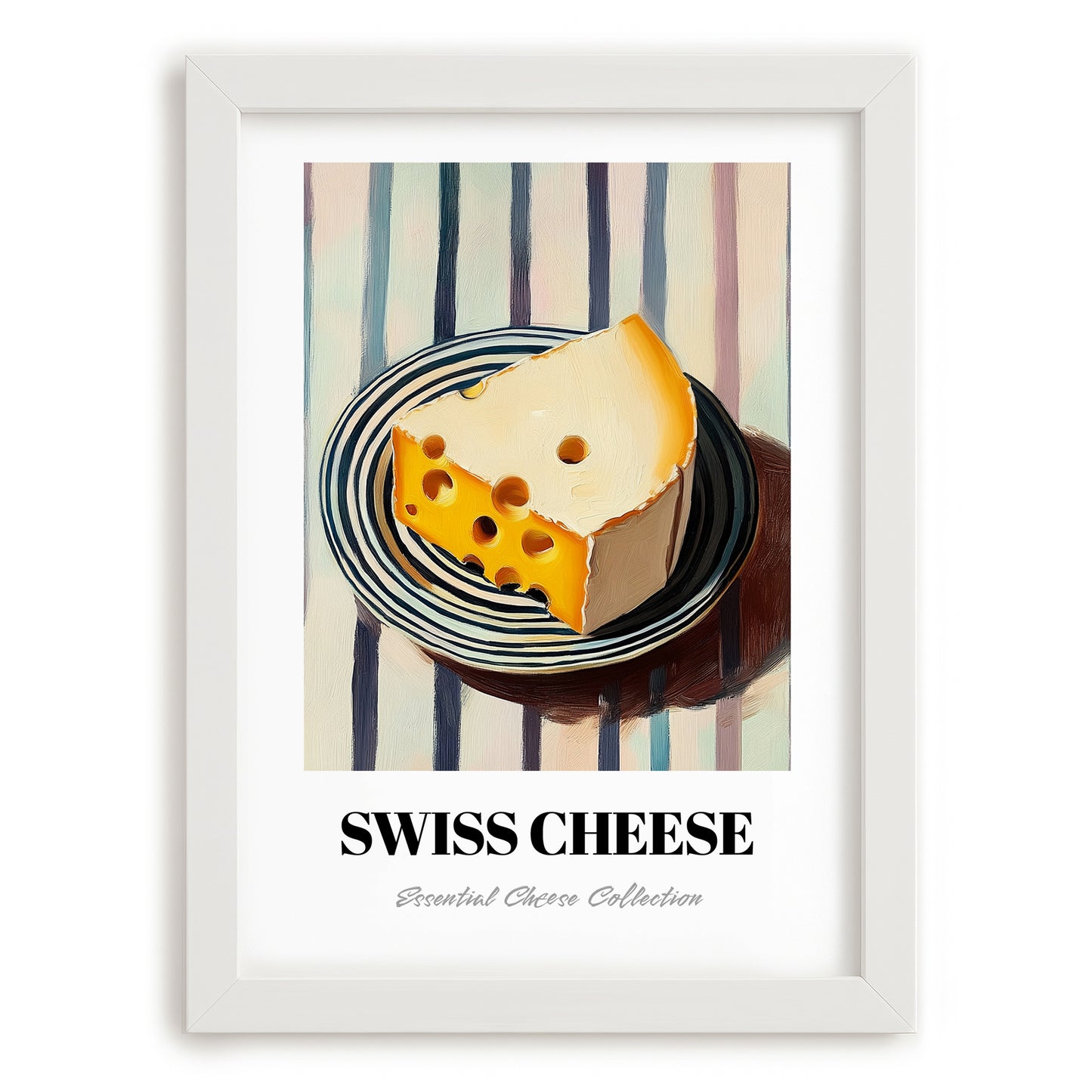 Swiss – on Striped Tablecloth, Cheese Wall Painting, placed in minimal white frame
