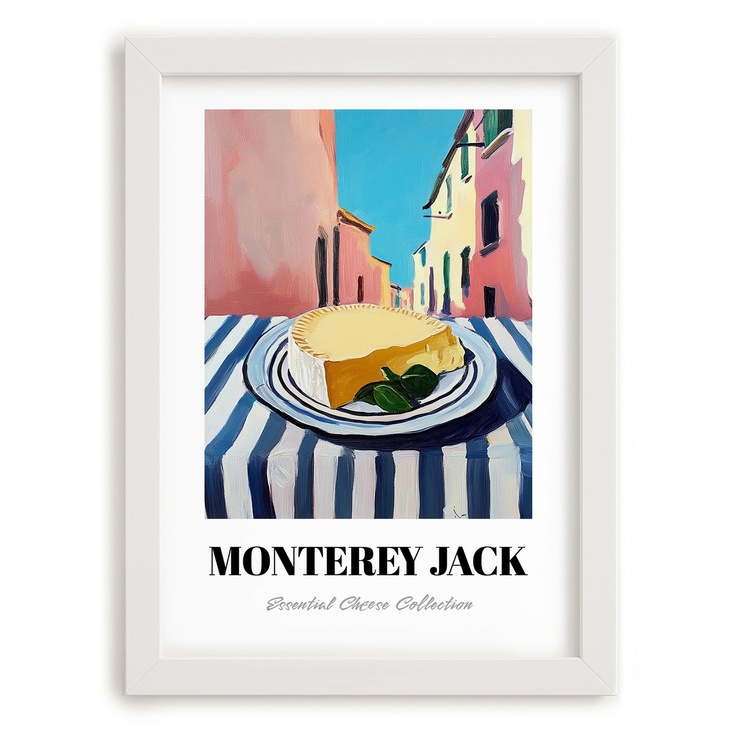 Monterey Jack – Italian Street Café Scene, Cheese Wall Decor, placed in minimal white frame