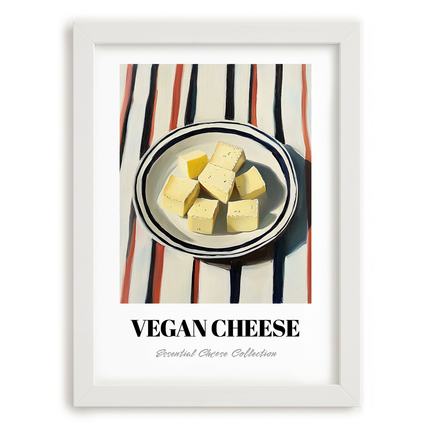 Vegan – on Striped Tablecloth, Cheese Poster, placed in minimal white frame