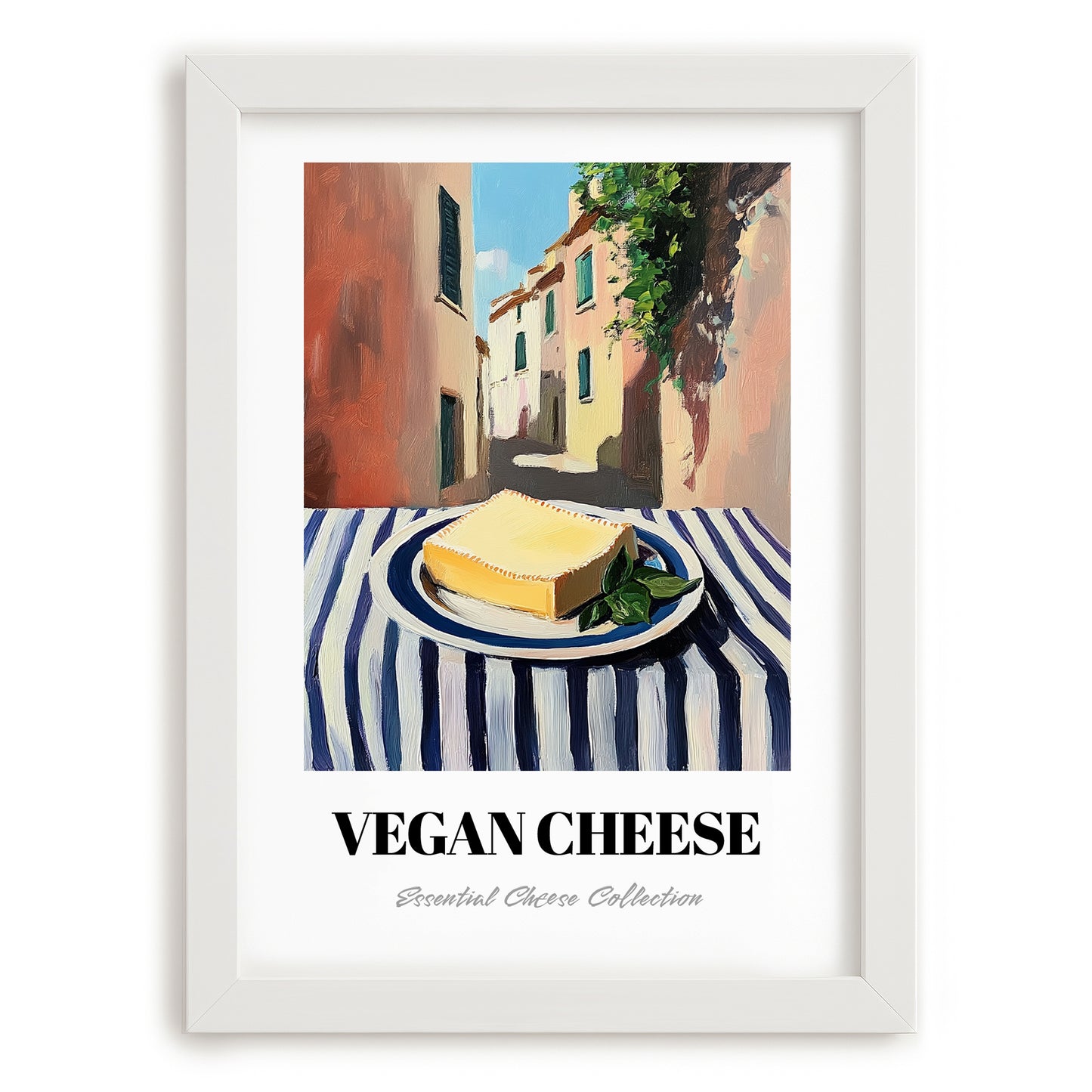 Vegan – Italian Urban Café Scene, Cheese Art, placed in minimal white frame