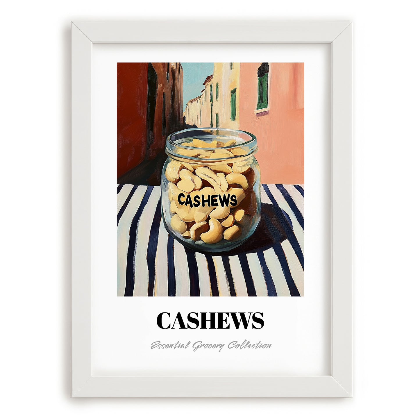 Cashews – Italian Café on the Corner, Nuts Still Life, placed in minimal white frame