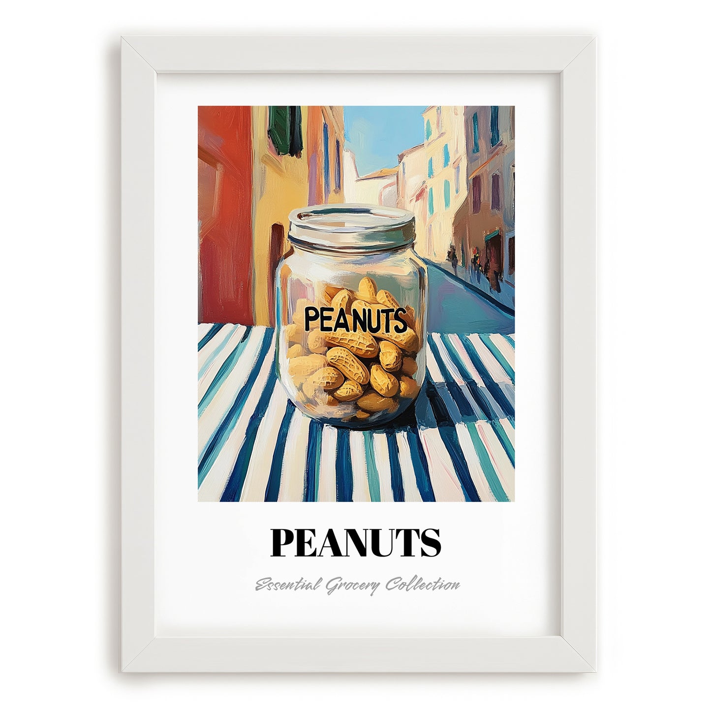 Peanuts – Italian Café on the Corner, Nuts Illustration, placed in minimal white frame