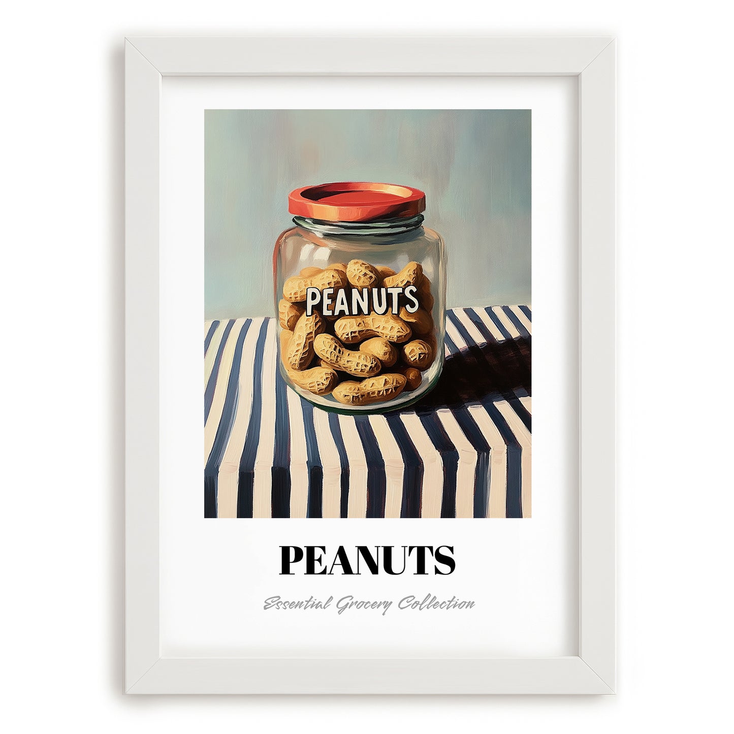 Peanuts – on Striped Tablecloth, Nuts Illustration, placed in minimal white frame