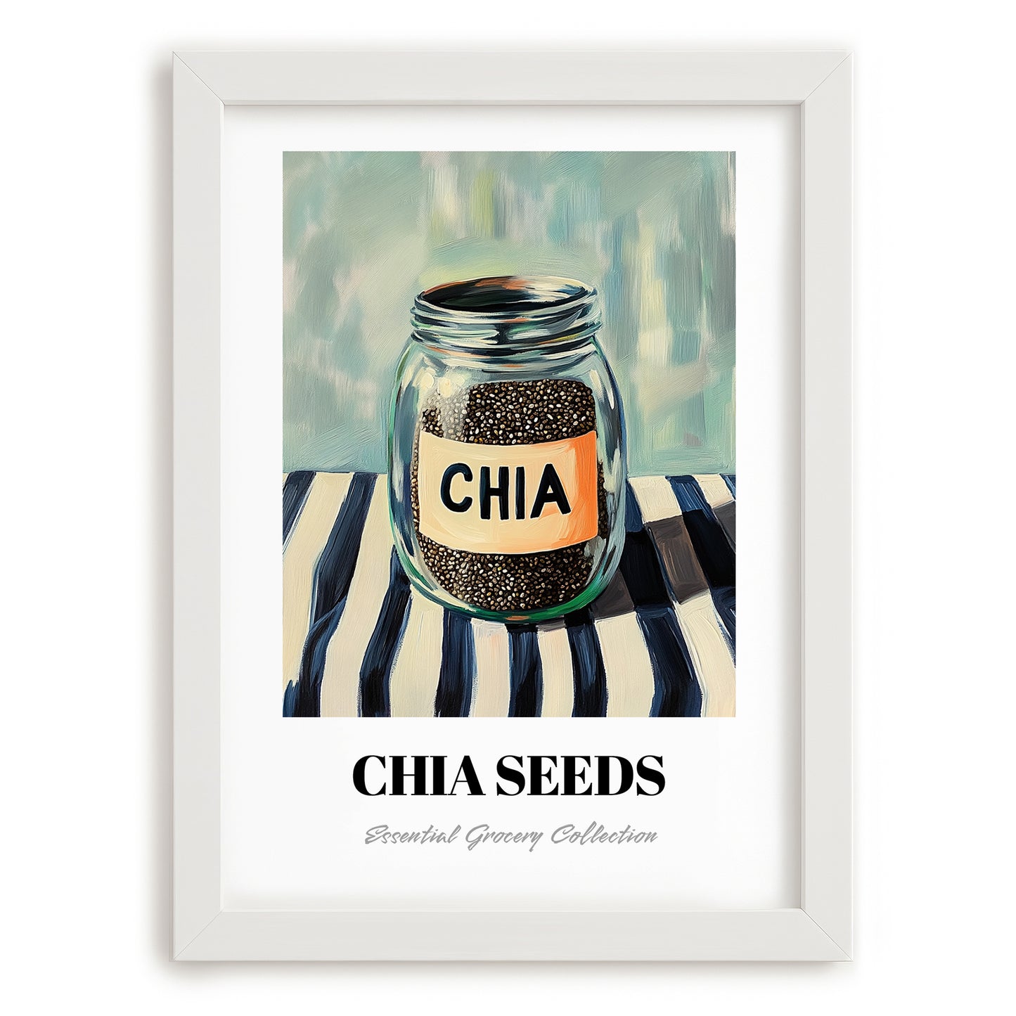 Chia Seeds – on Striped Tablecloth, Nuts Wall Decor, placed in minimal white frame