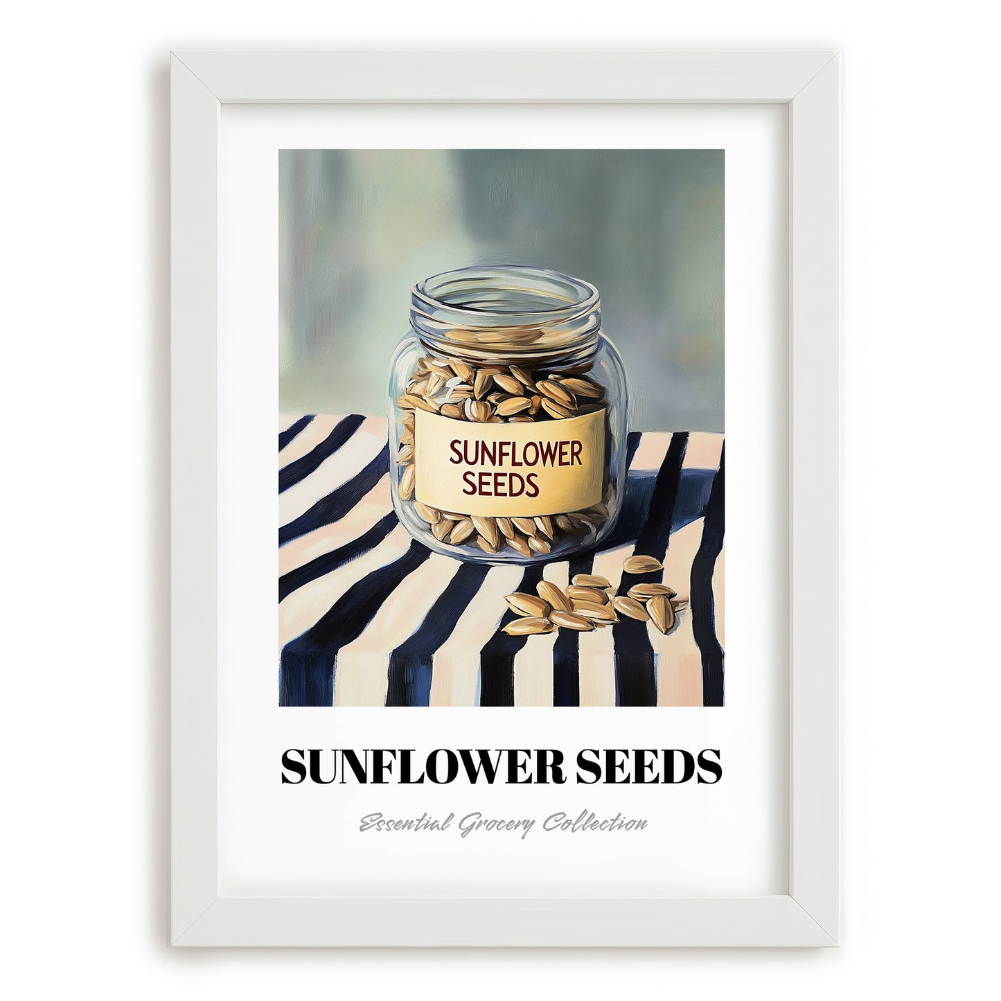 Sunflower Seeds – on Striped Tablecloth, Nuts Illustration, placed in minimal white frame
