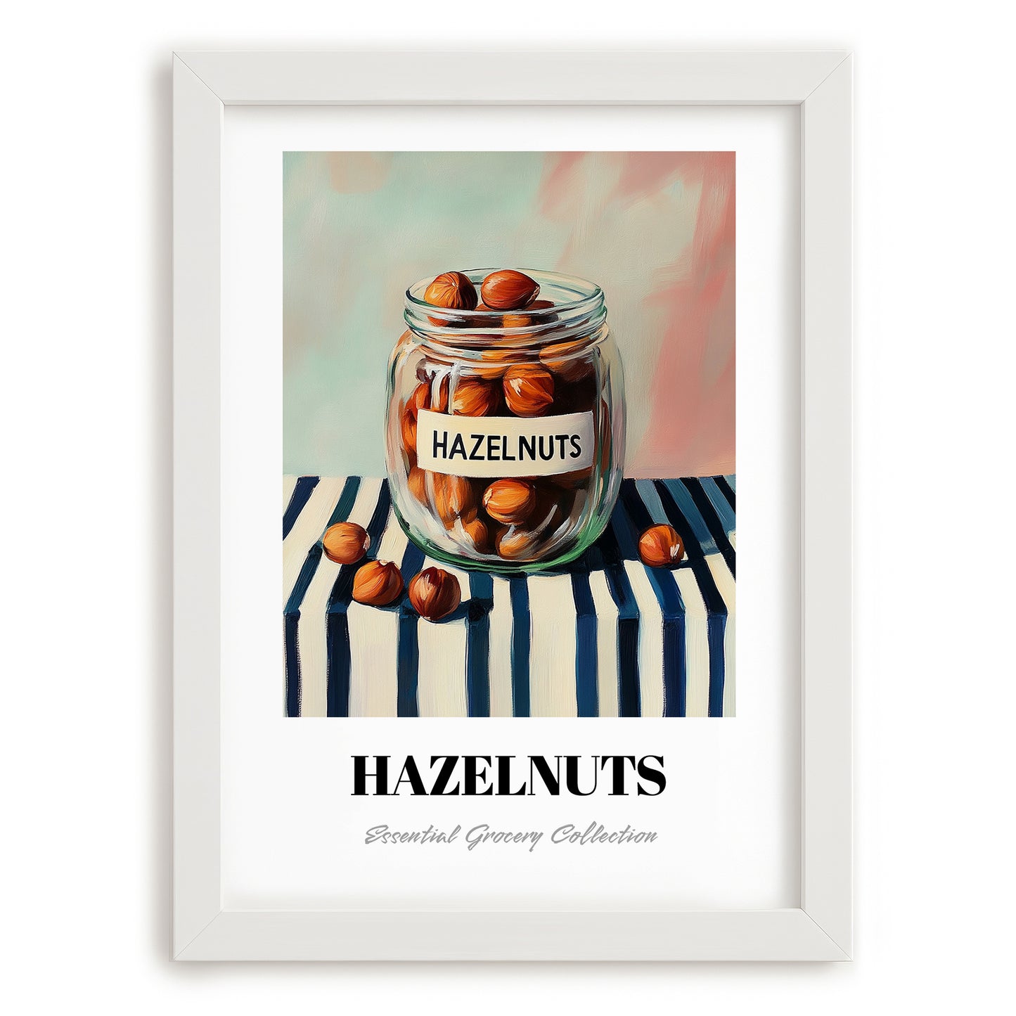 Hazelnuts – on Striped Tablecloth, Nuts Wall Decor, placed in minimal white frame