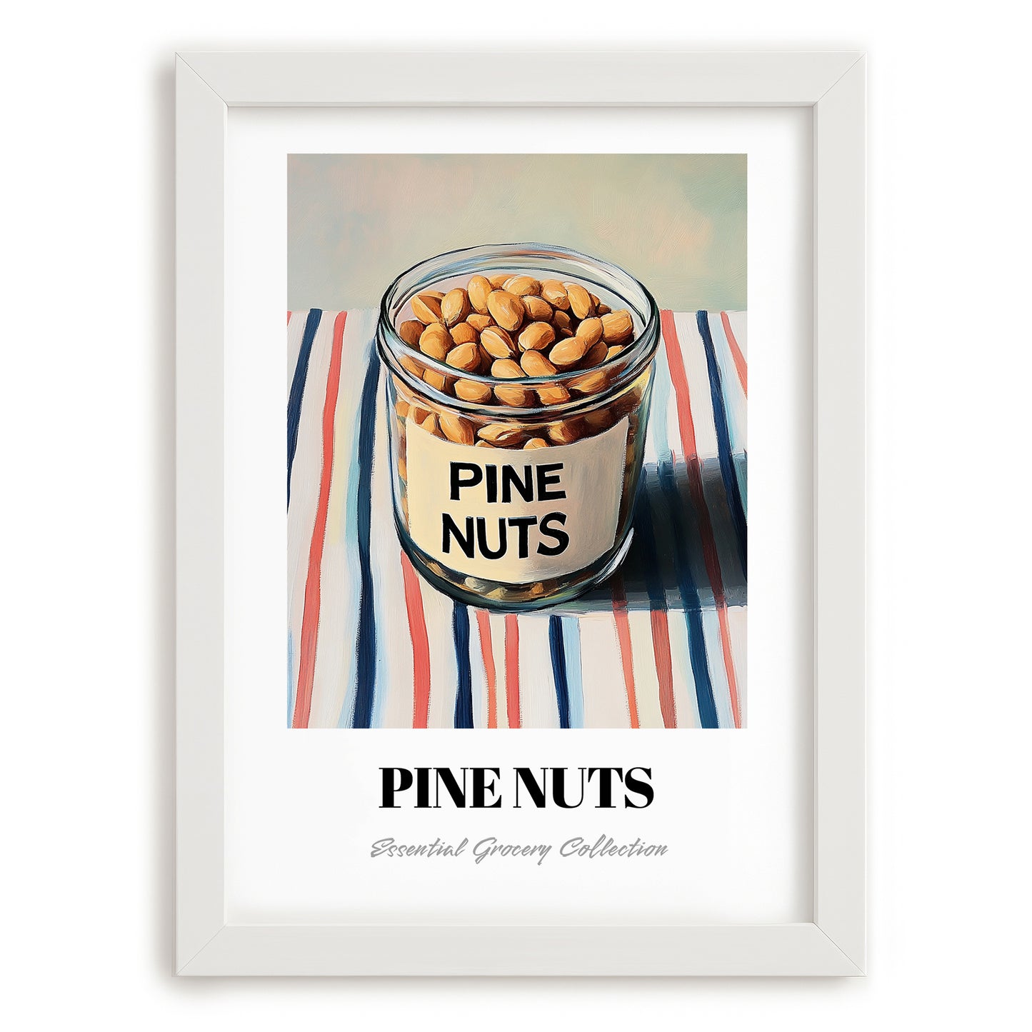 Pine Nuts – on Striped Tablecloth, Nuts Wall Decor, placed in minimal white frame
