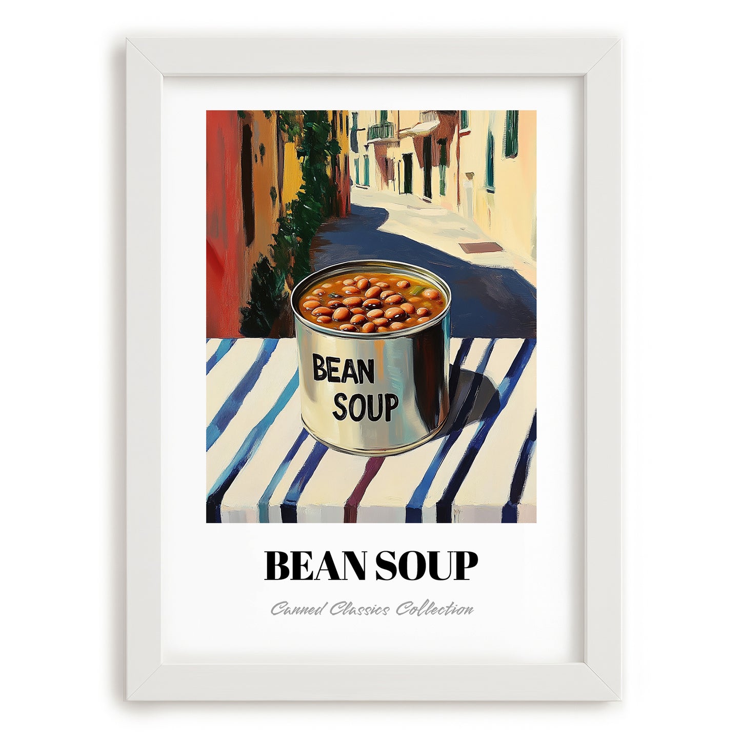 Bean Soup – Italian Café on the Corner, Canned Vegetables Wall Art, placed in minimal white frame