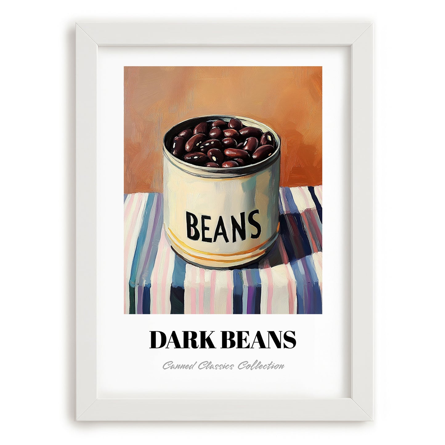 Dark Beans – on Striped Tablecloth, Canned Vegetables Illustration, placed in minimal white frame