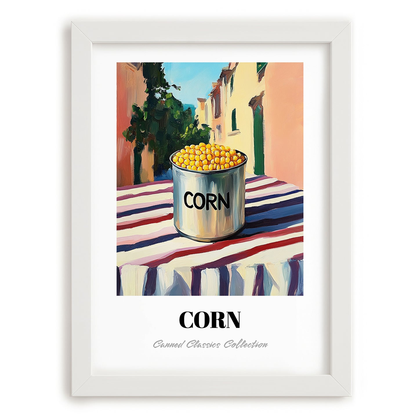 Corn – Italian Urban Café Scene, Canned Vegetables Painting, placed in minimal white frame