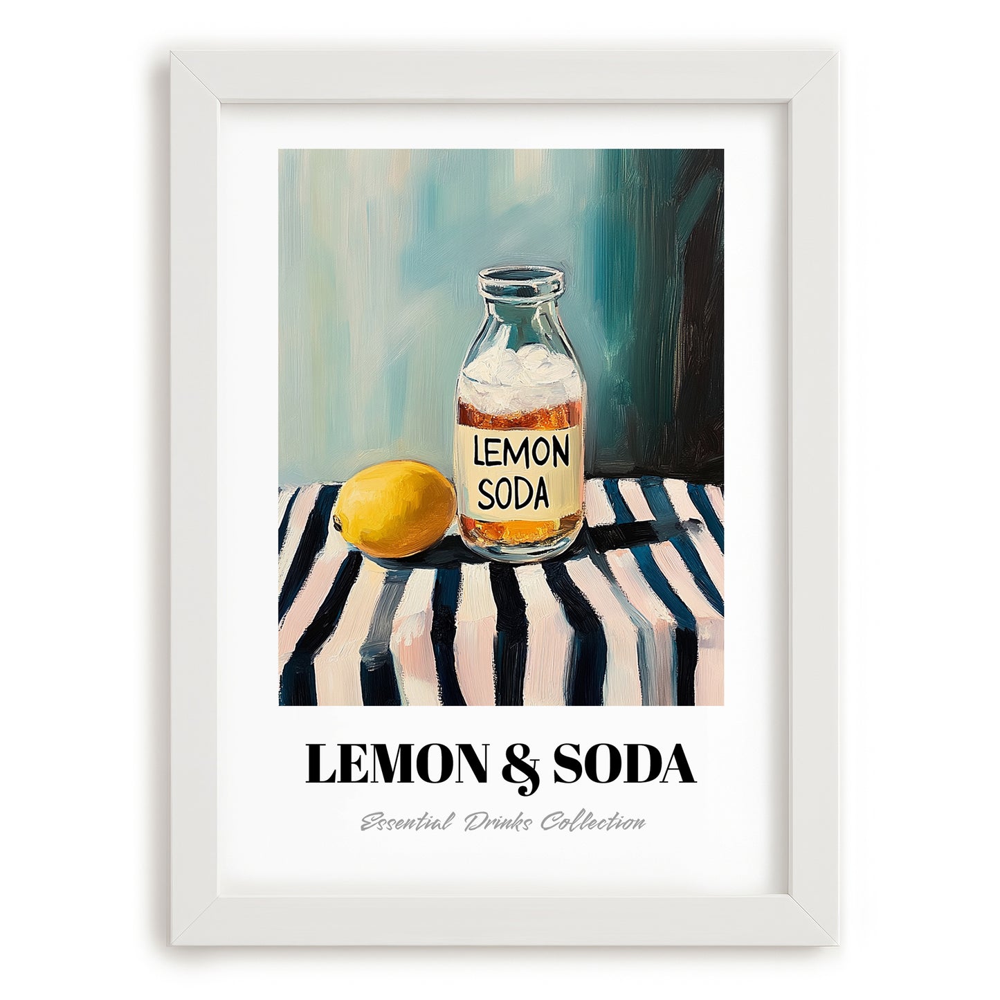 Lemon & Soda – on Striped Tablecloth, Lemonade Poster, placed in minimal white frame