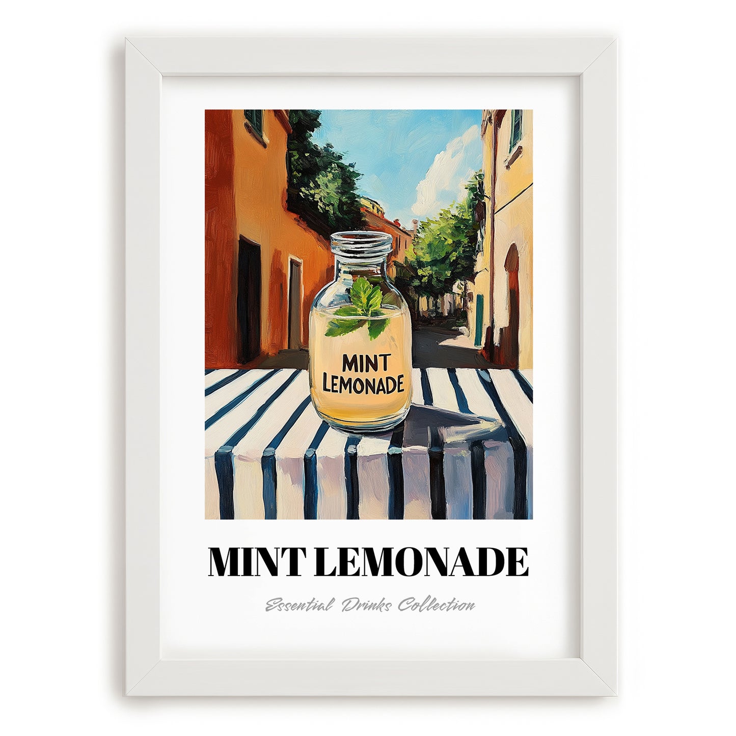Mint Lemonade – Italian Outdoor Café Scene, Lemonade Still Life, placed in minimal white frame