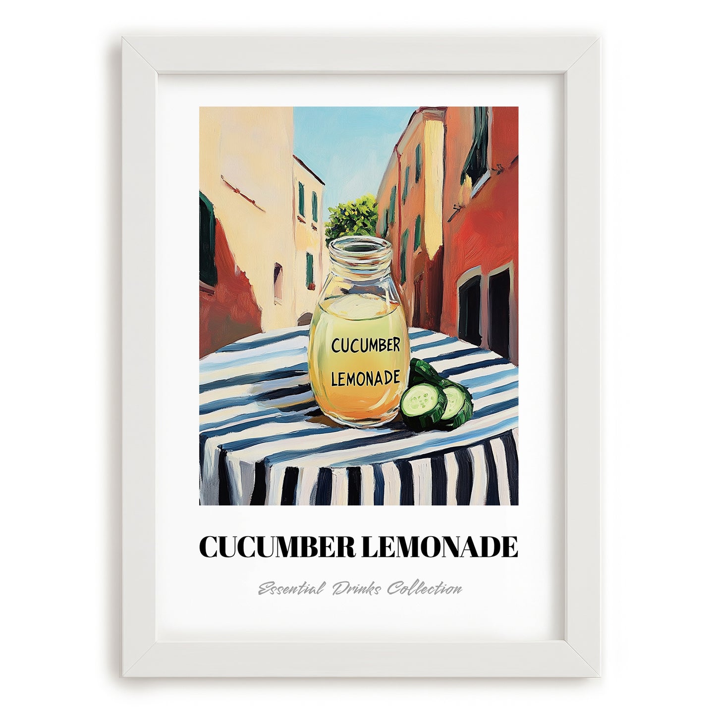 Cucumber Lemonade – Italian Street Café Scene, Lemonade Painting, placed in minimal white frame