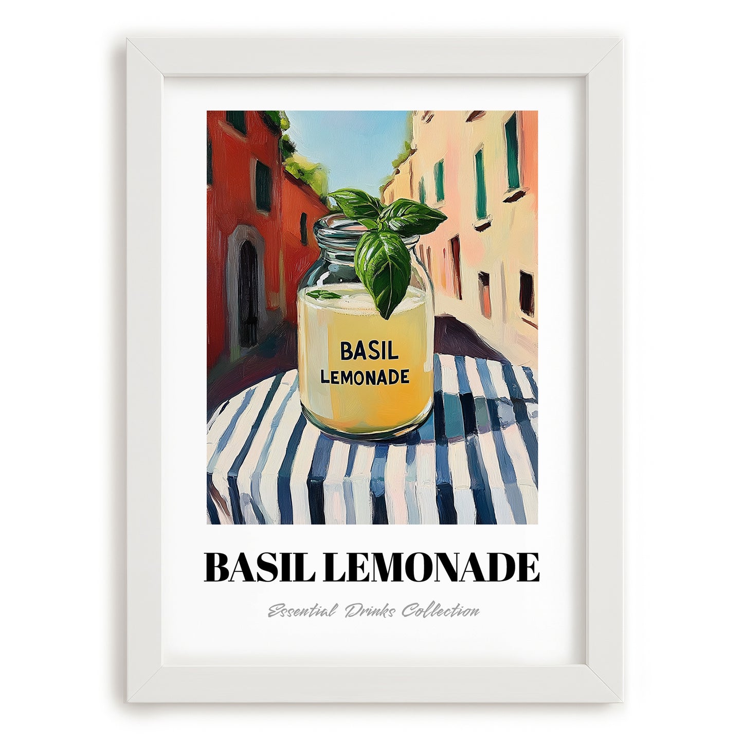 Basil Lemonade – Italian Café on the Corner, Lemonade Wall Painting, placed in minimal white frame
