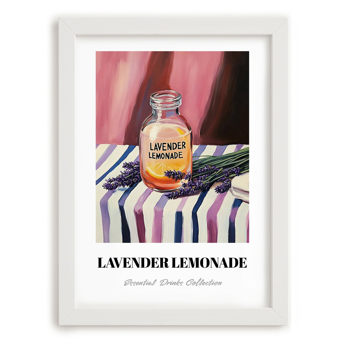 Lavender Lemonade – on Striped Tablecloth, Lemonade Print, placed in minimal white frame