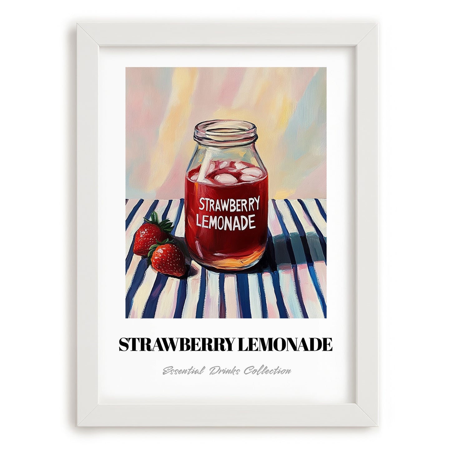 Strawberry Lemonade – on Striped Tablecloth, Lemonade Painting, placed in minimal white frame