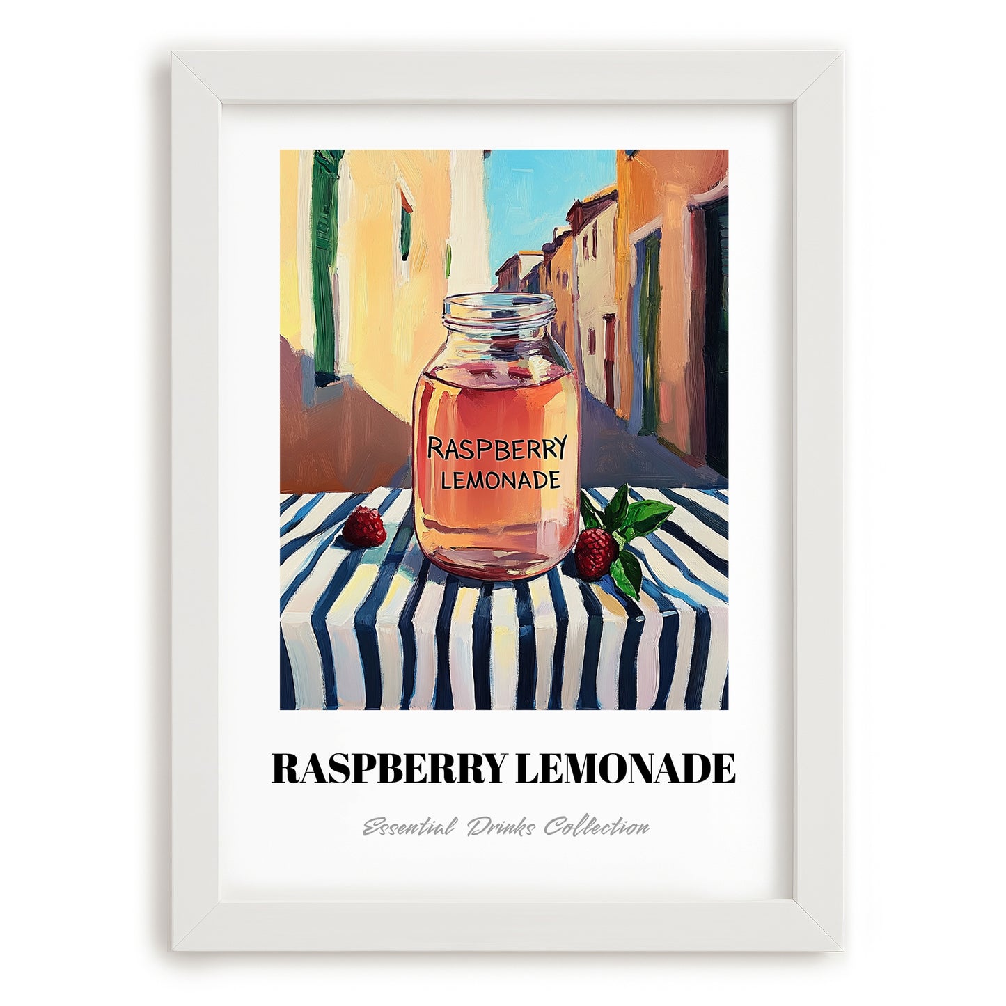 Raspberry Lemonade – Italian Outdoor Café Scene, Lemonade Wall Print, placed in minimal white frame