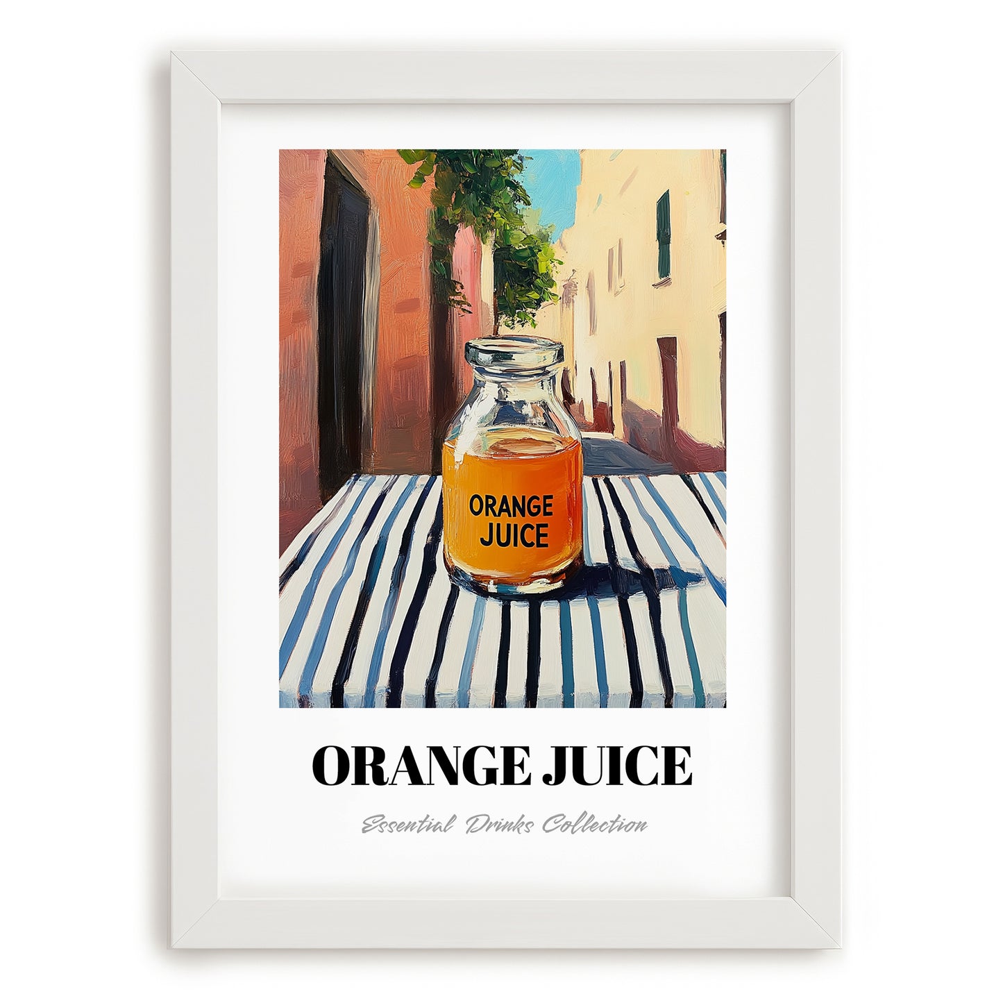 Orange Juice – Italian Urban Café Scene, Lemonade Art, placed in minimal white frame