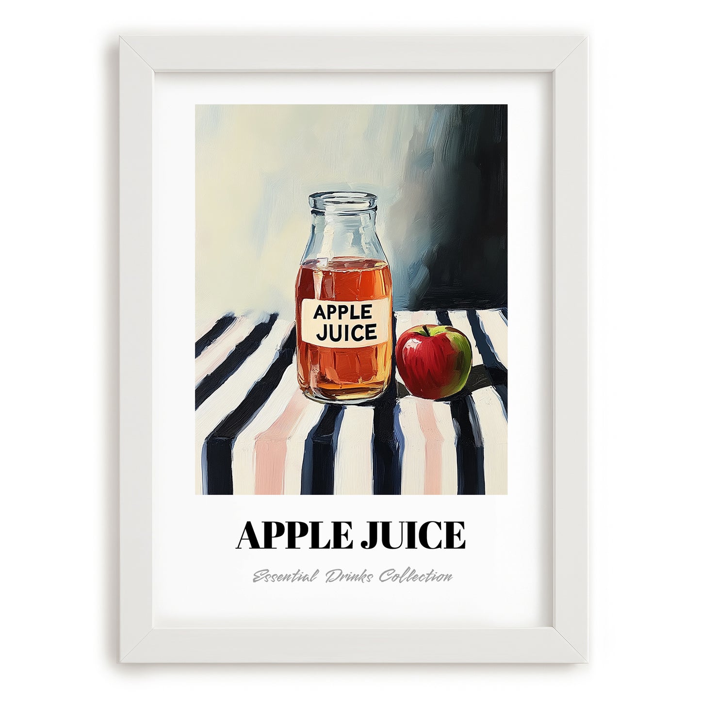 Apple Juice – on Striped Tablecloth, Lemonade Painting, placed in minimal white frame