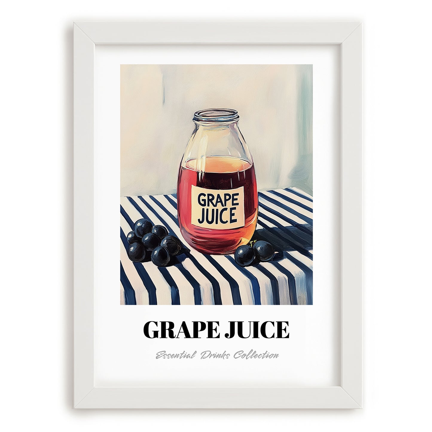 Grape Juice – on Striped Tablecloth, Lemonade Print, placed in minimal white frame