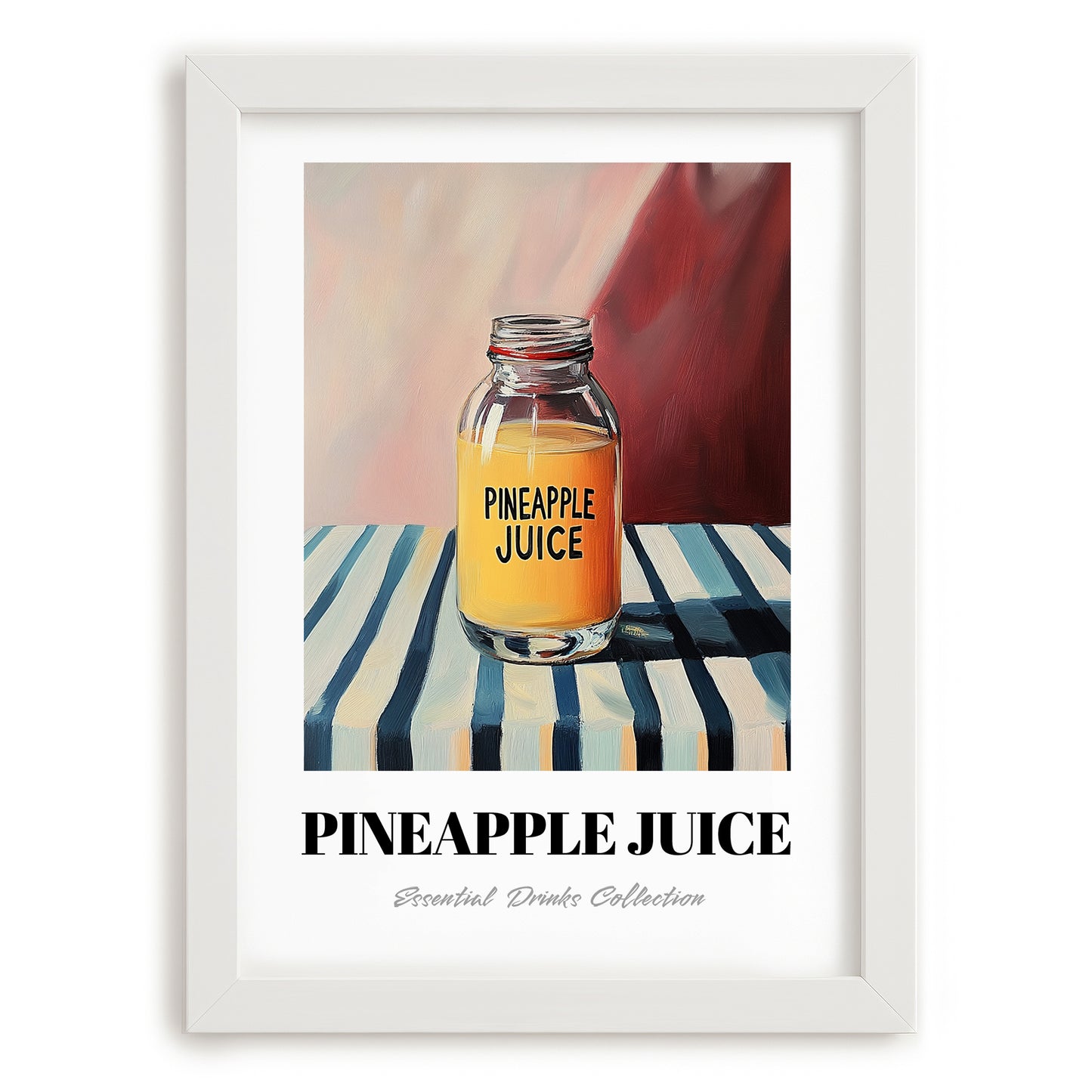 Pineapple Juice – on Striped Tablecloth, Lemonade Wall Decor, placed in minimal white frame