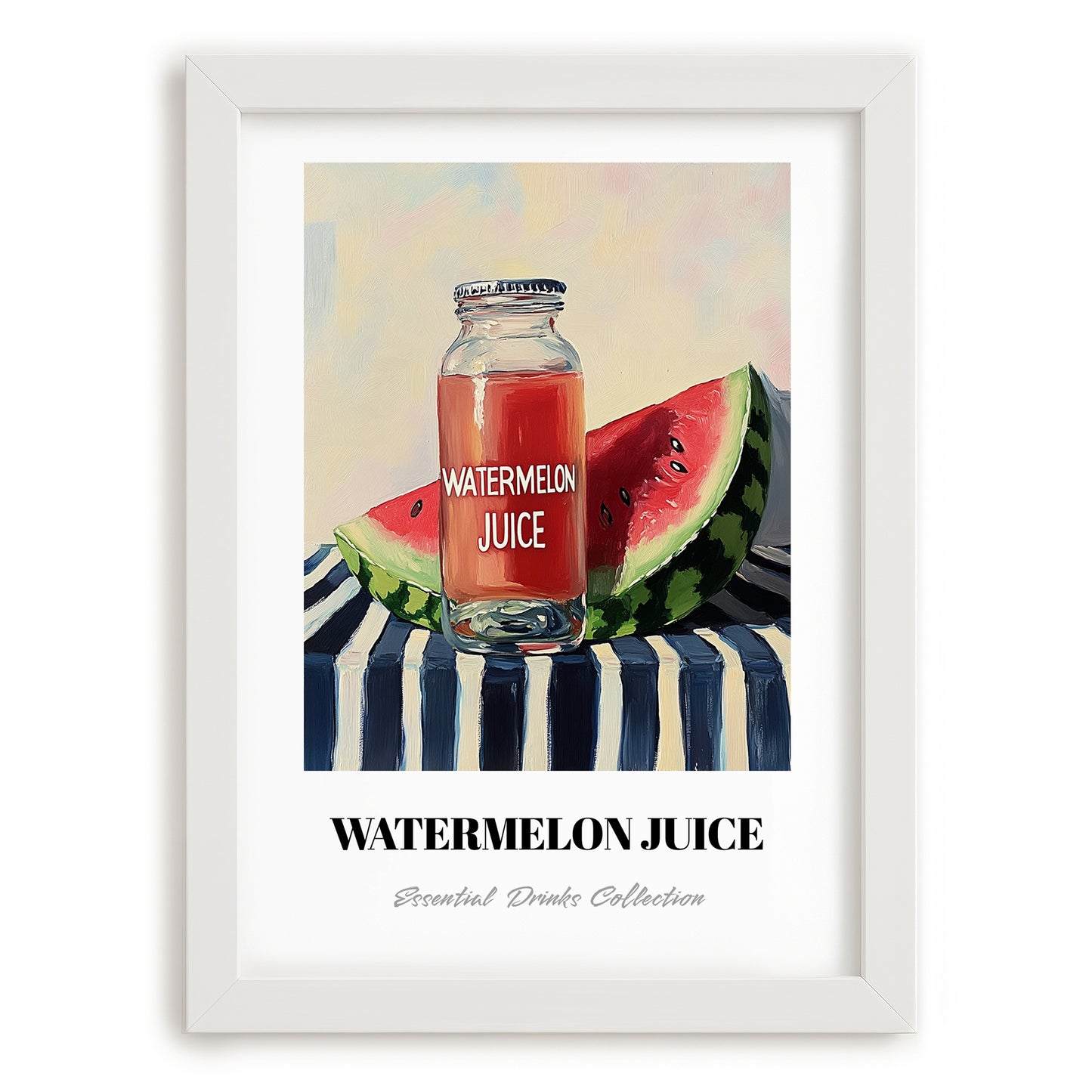 Watermelon Juice – on Striped Tablecloth, Lemonade Still Life, placed in minimal white frame