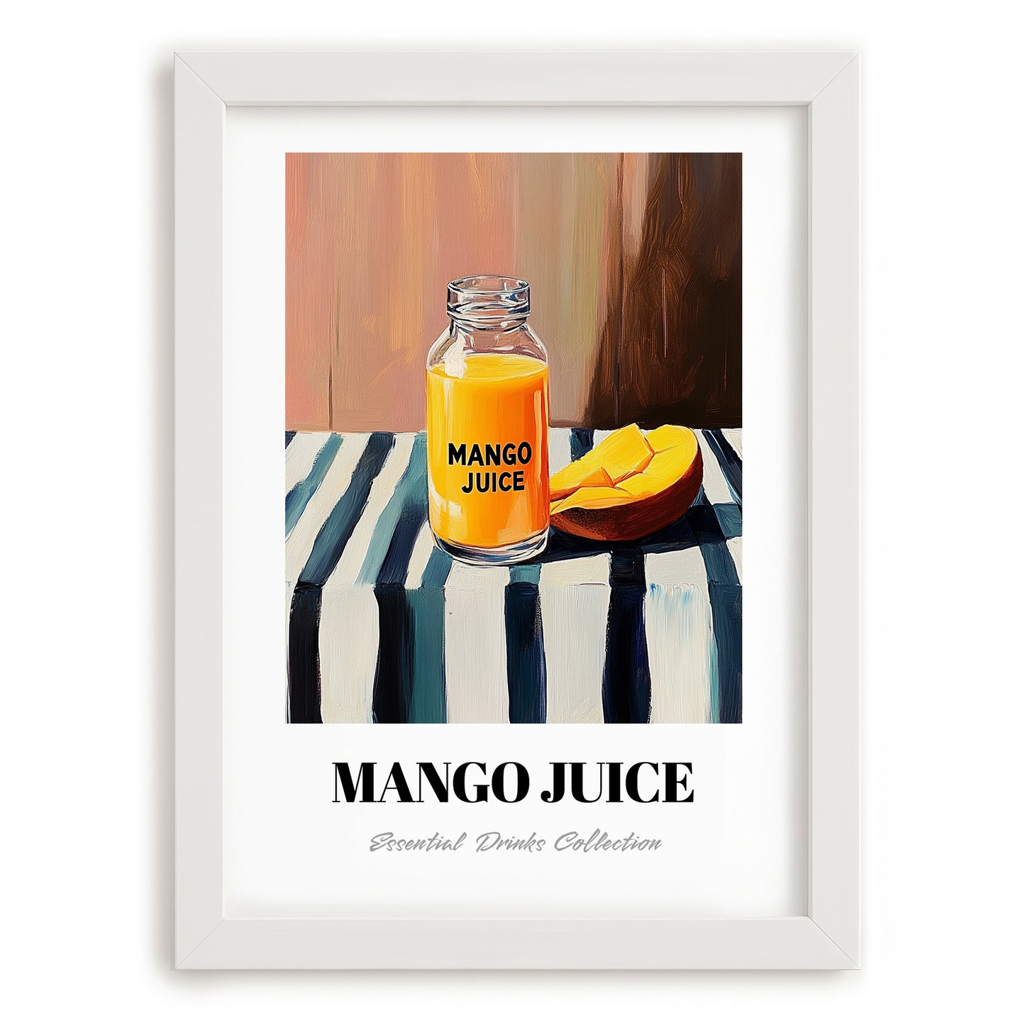 Mango Juice – on Striped Tablecloth, Lemonade Still Life, placed in minimal white frame