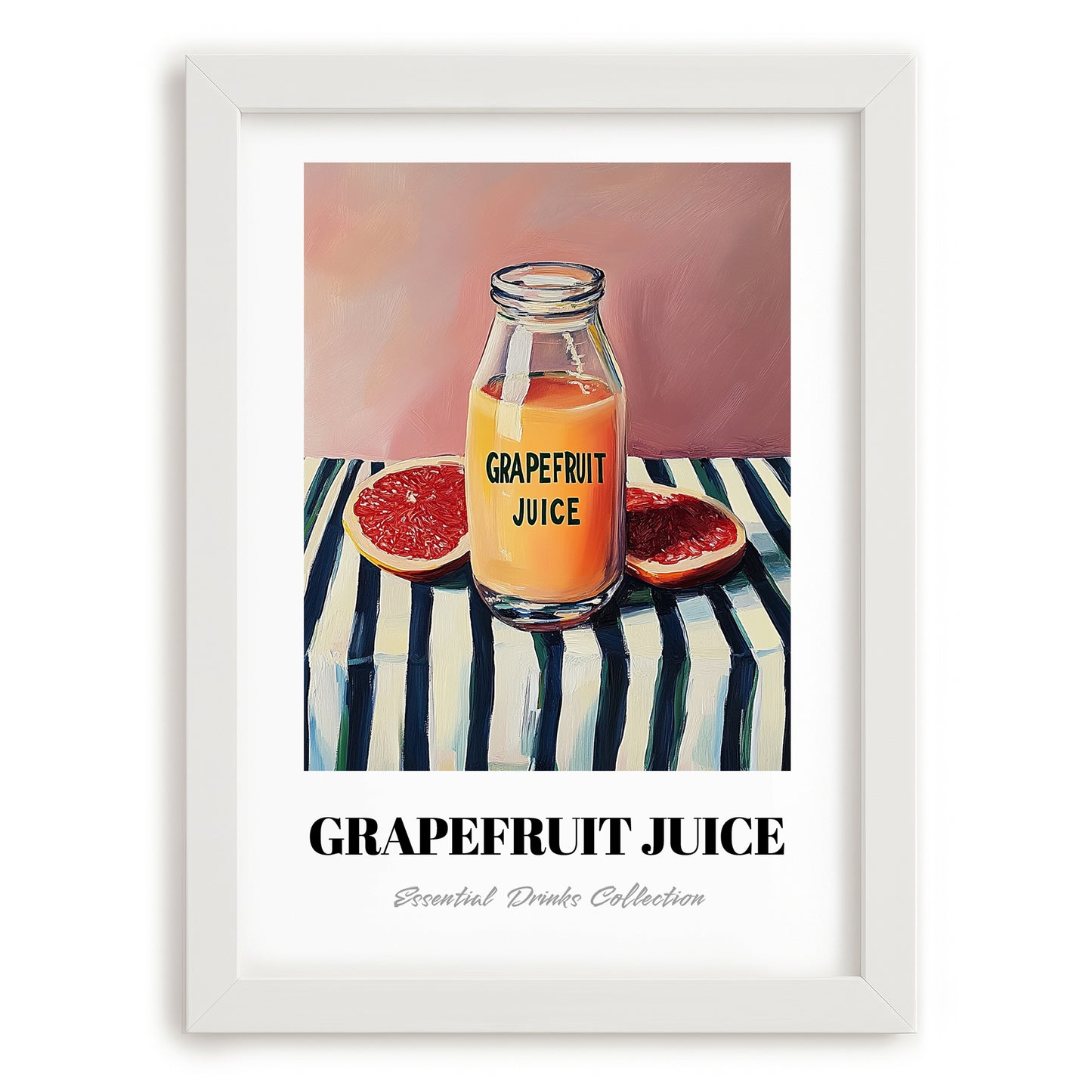 Grapefruit Juice – on Striped Tablecloth, Lemonade Wall Art, placed in minimal white frame