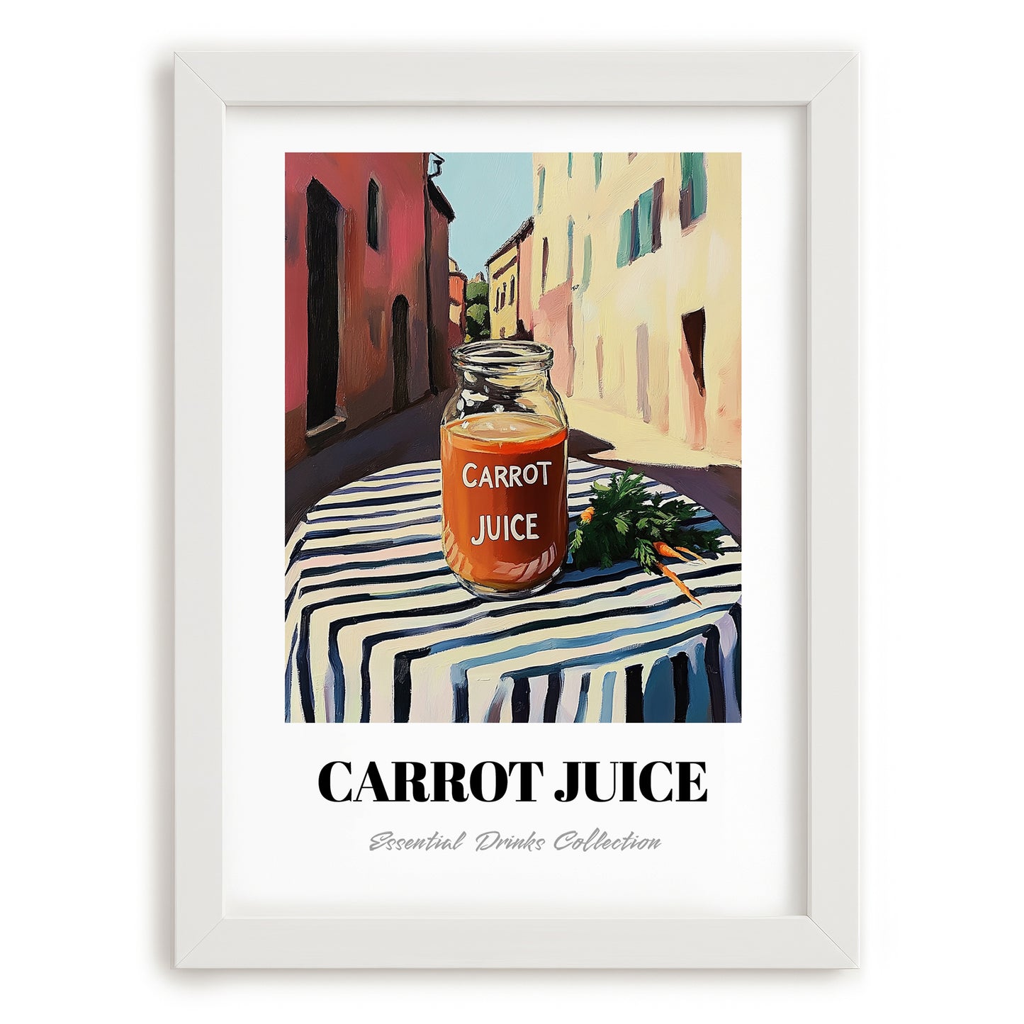 Carrot Juice – Italian Street Café Scene, Lemonade Painting, placed in minimal white frame