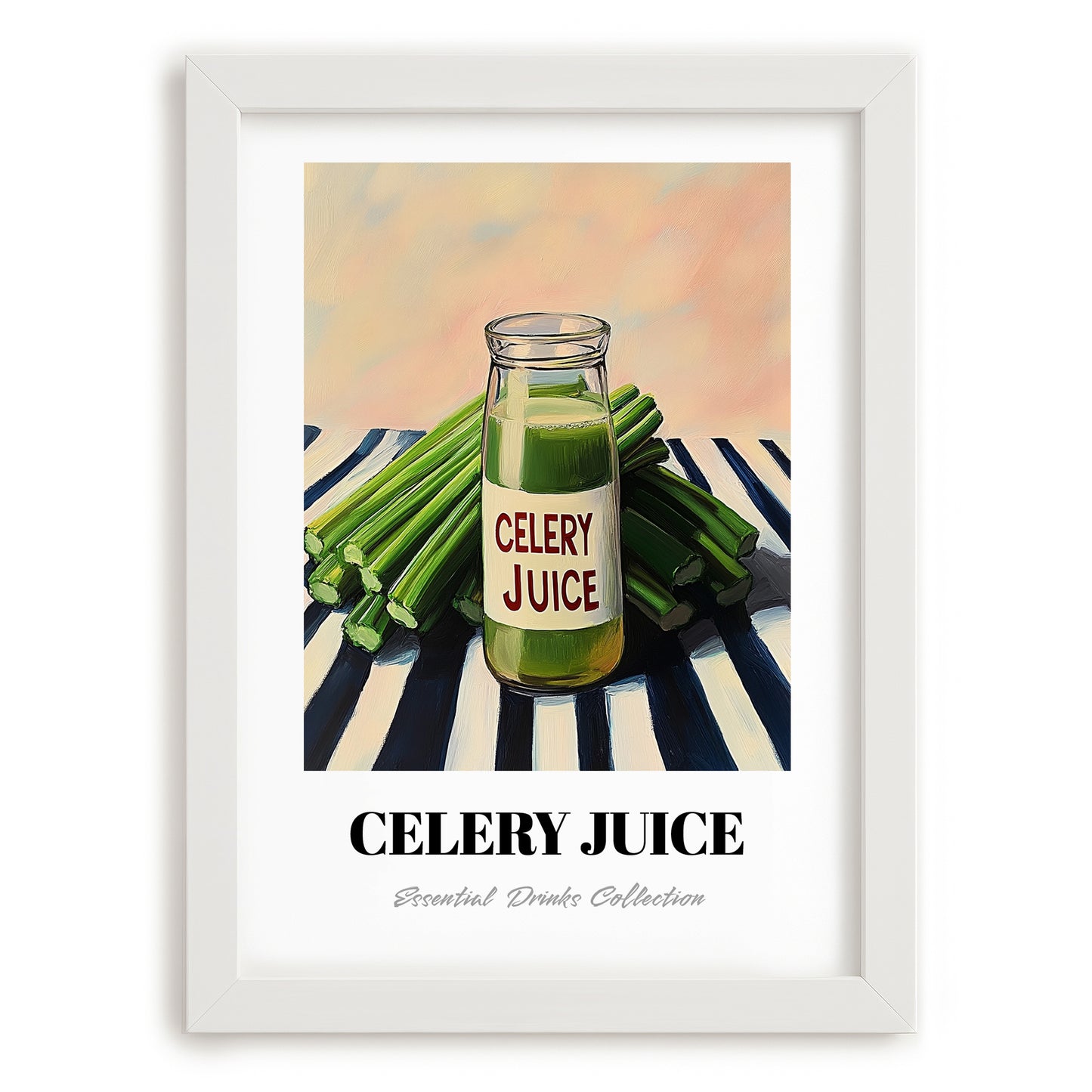 Celery Juice – on Striped Tablecloth, Lemonade Painting, placed in minimal white frame