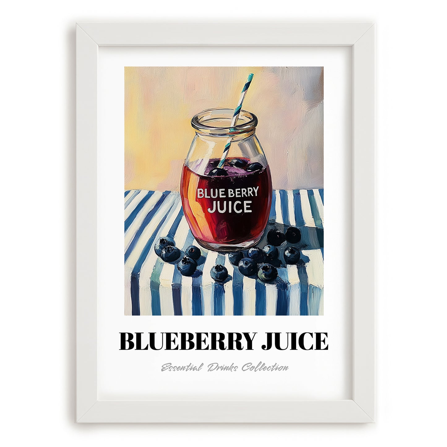 Blueberry Juice – on Striped Tablecloth, Lemonade Print, placed in minimal white frame