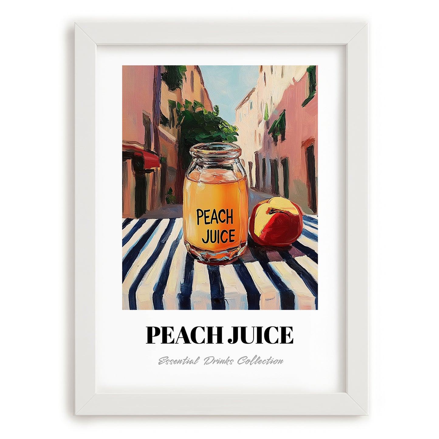 Peach Juice – Italian Street Café Scene, Lemonade Painting, placed in minimal white frame