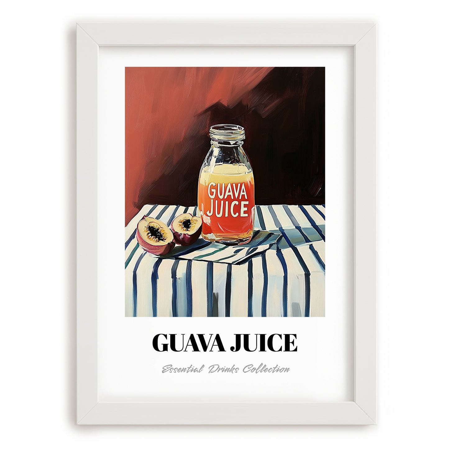 Guava Juice – on Striped Tablecloth, Lemonade Painting, placed in minimal white frame
