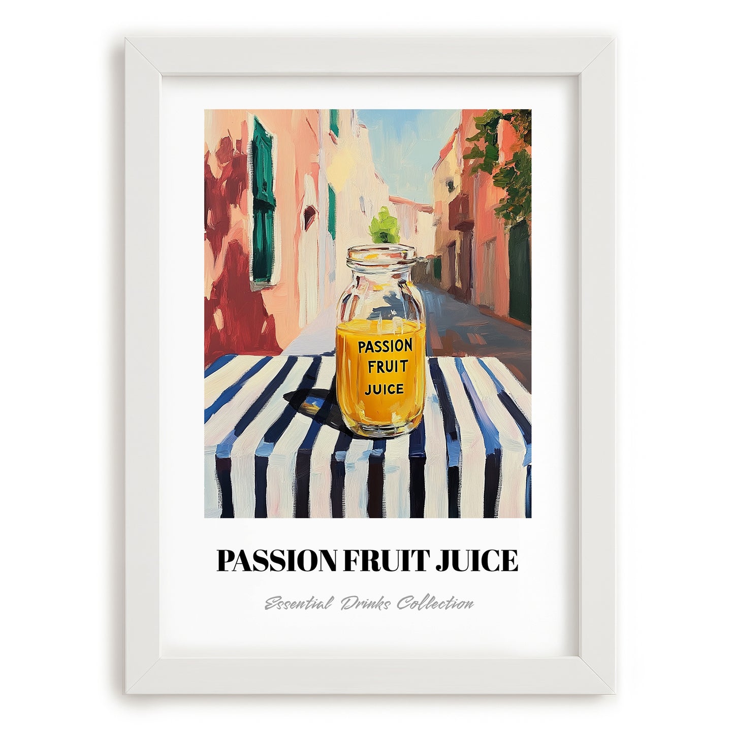 Passion Fruit Juice – Italian Café on the Corner, Lemonade Wall Decor, placed in minimal white frame