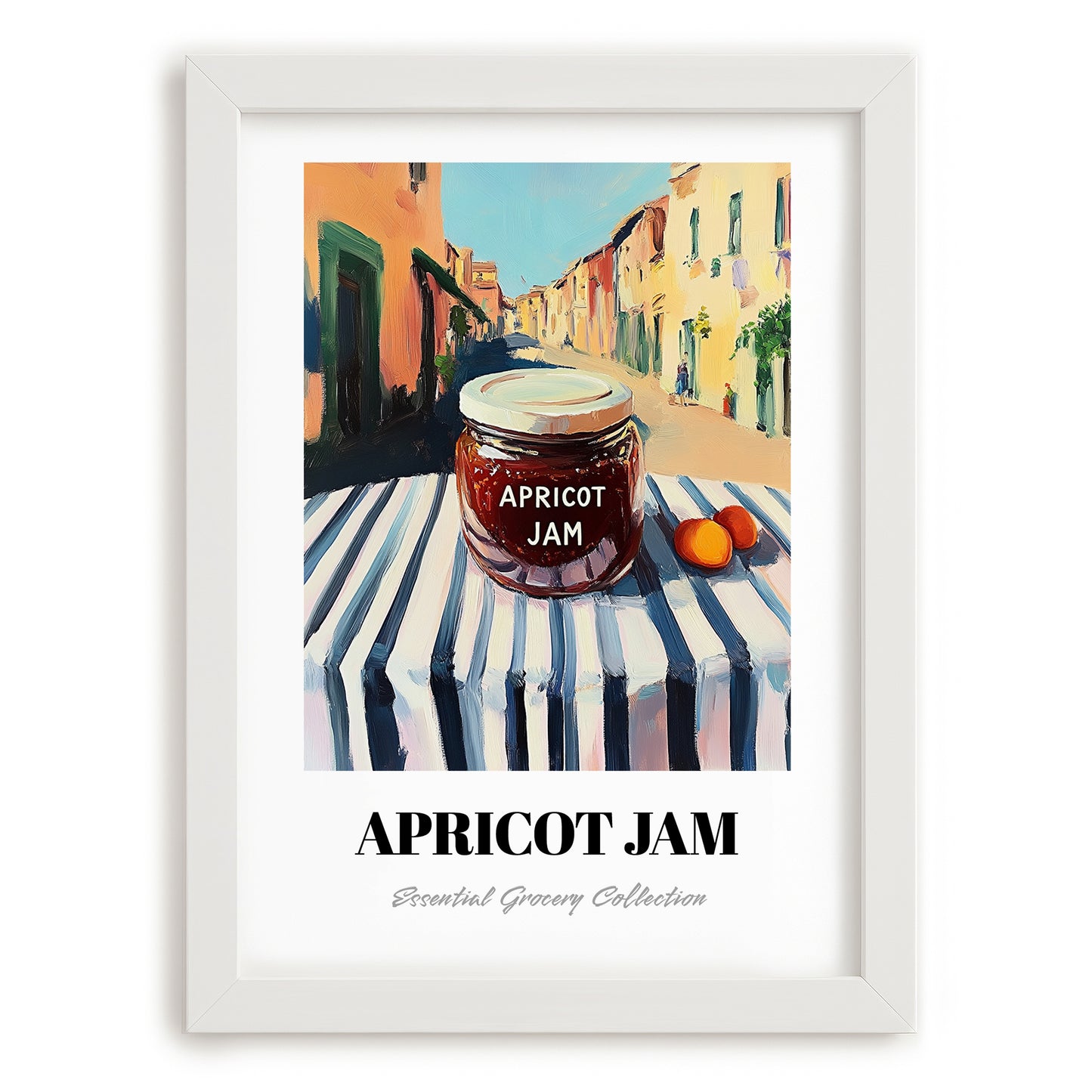 Apricot Jam – Italian Urban Café Scene, Jam Wall Decor, placed in minimal white frame