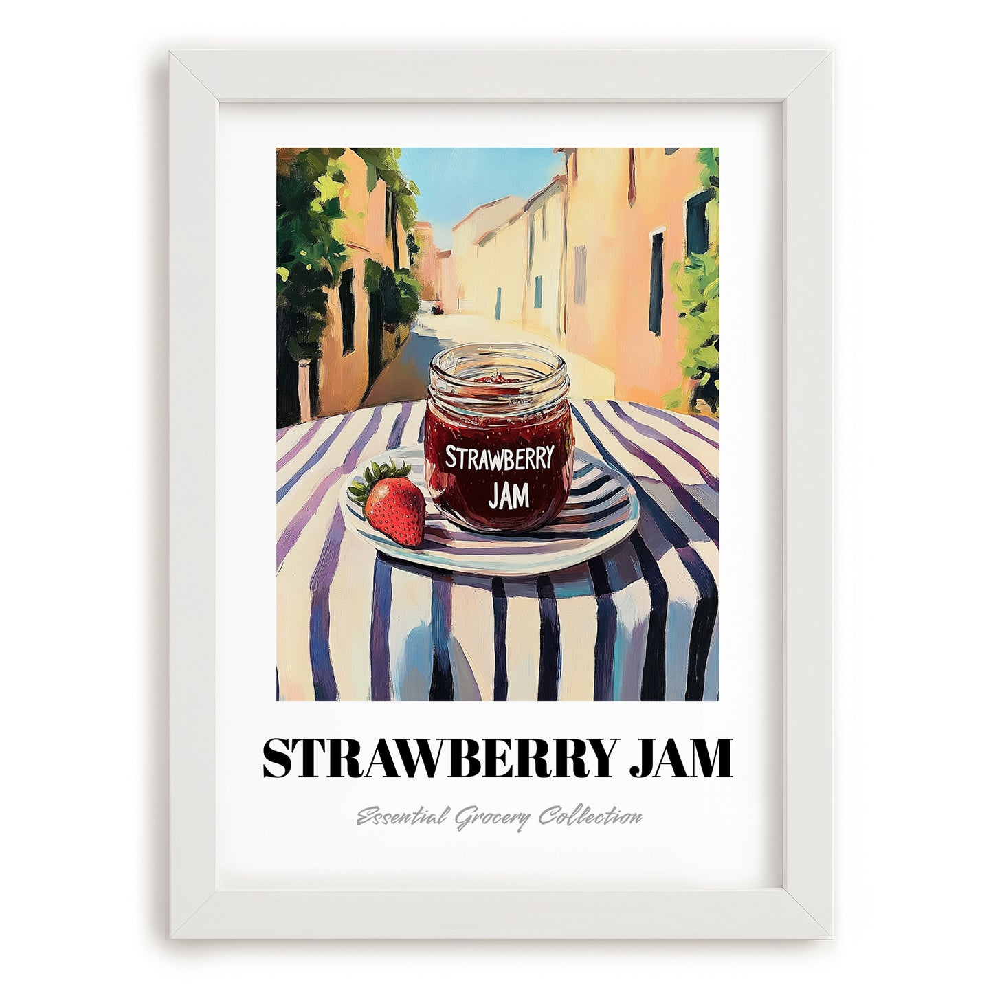 Strawberry Jam – Italian Urban Café Scene, Jam Painting, placed in minimal white frame