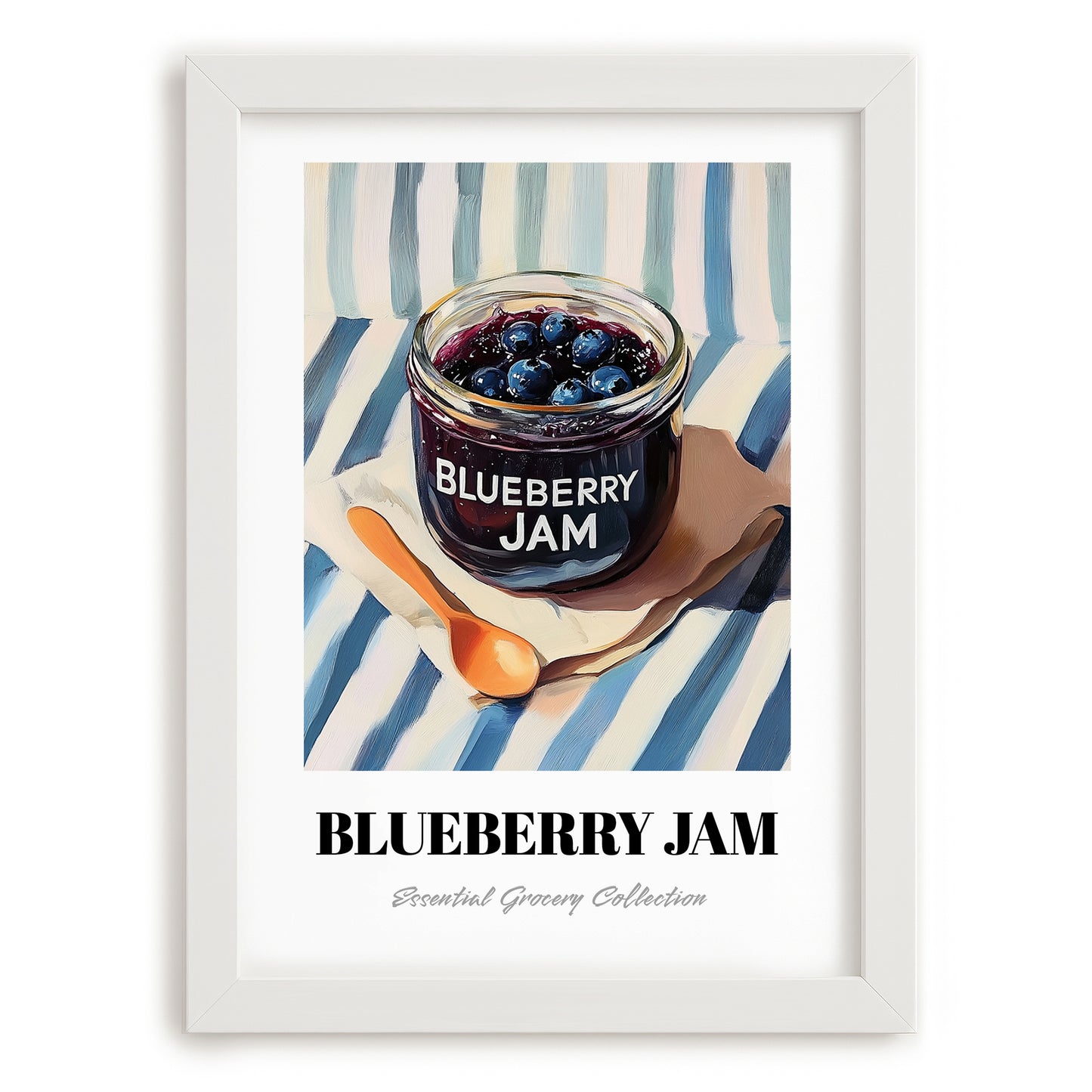 Blueberry Jam – on Striped Tablecloth, Jam Wall Decor, placed in minimal white frame