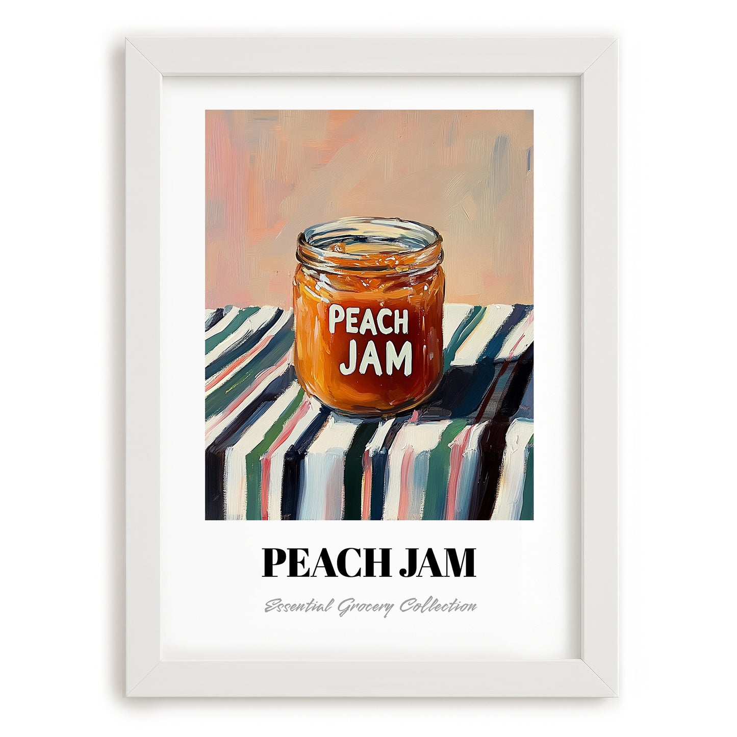 Peach Jam – on Striped Tablecloth, Jam Wall Decor, placed in minimal white frame