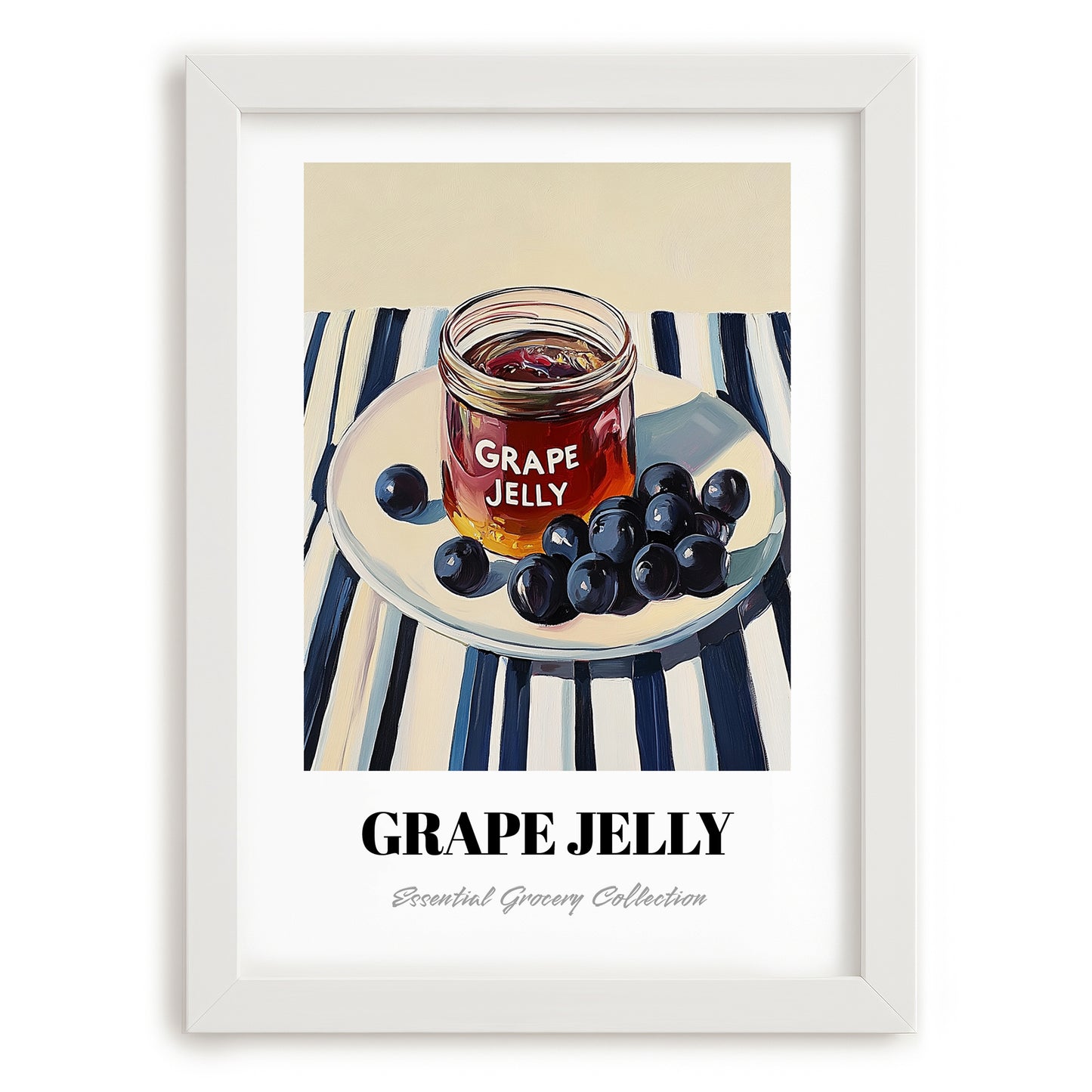 Grape Jelly – on Striped Tablecloth, Jam Art, placed in minimal white frame