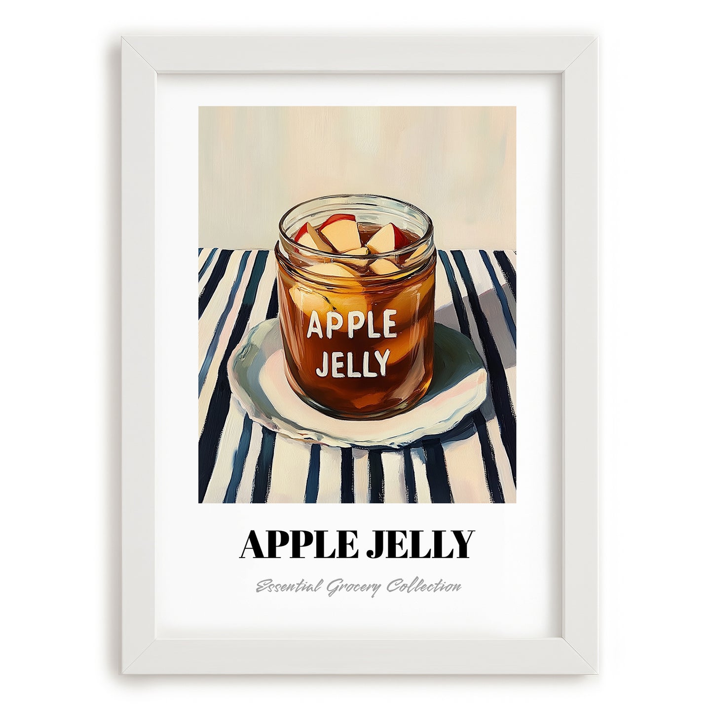 Apple Jelly – on Striped Tablecloth, Jam Wall Decor, placed in minimal white frame