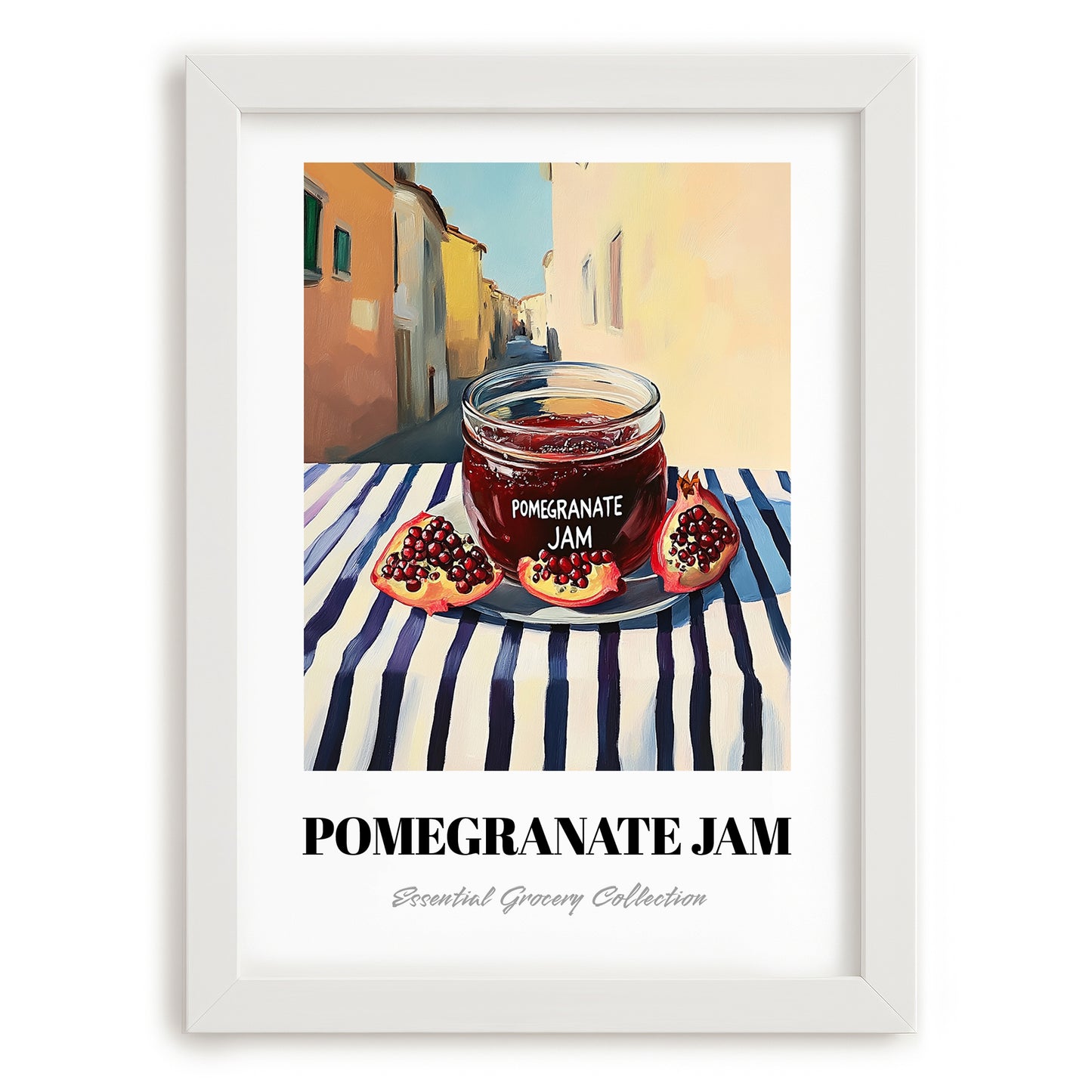 Pomegranate Jam – Italian Street Café Scene, Jam Painting, placed in minimal white frame