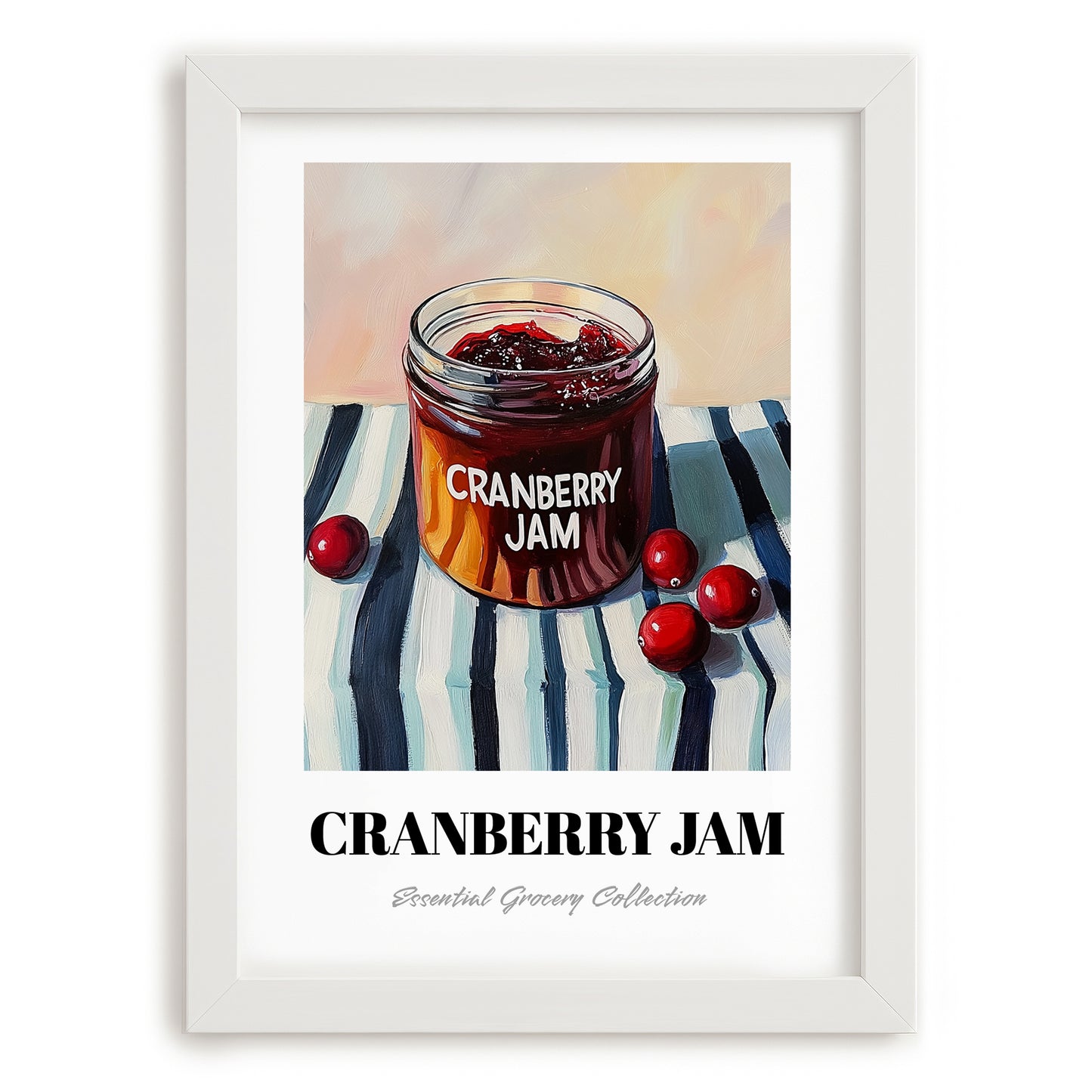 Cranberry Jam – on Striped Tablecloth, Jam Wall Poster, placed in minimal white frame