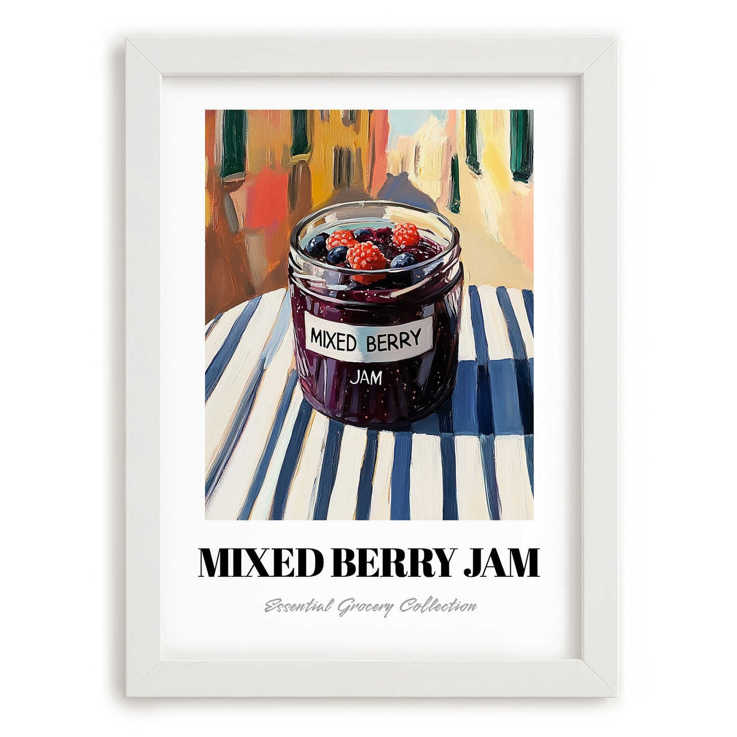 Mixed Berry Jam – Italian Outdoor Café Scene, Jam Wall Decor, placed in minimal white frame