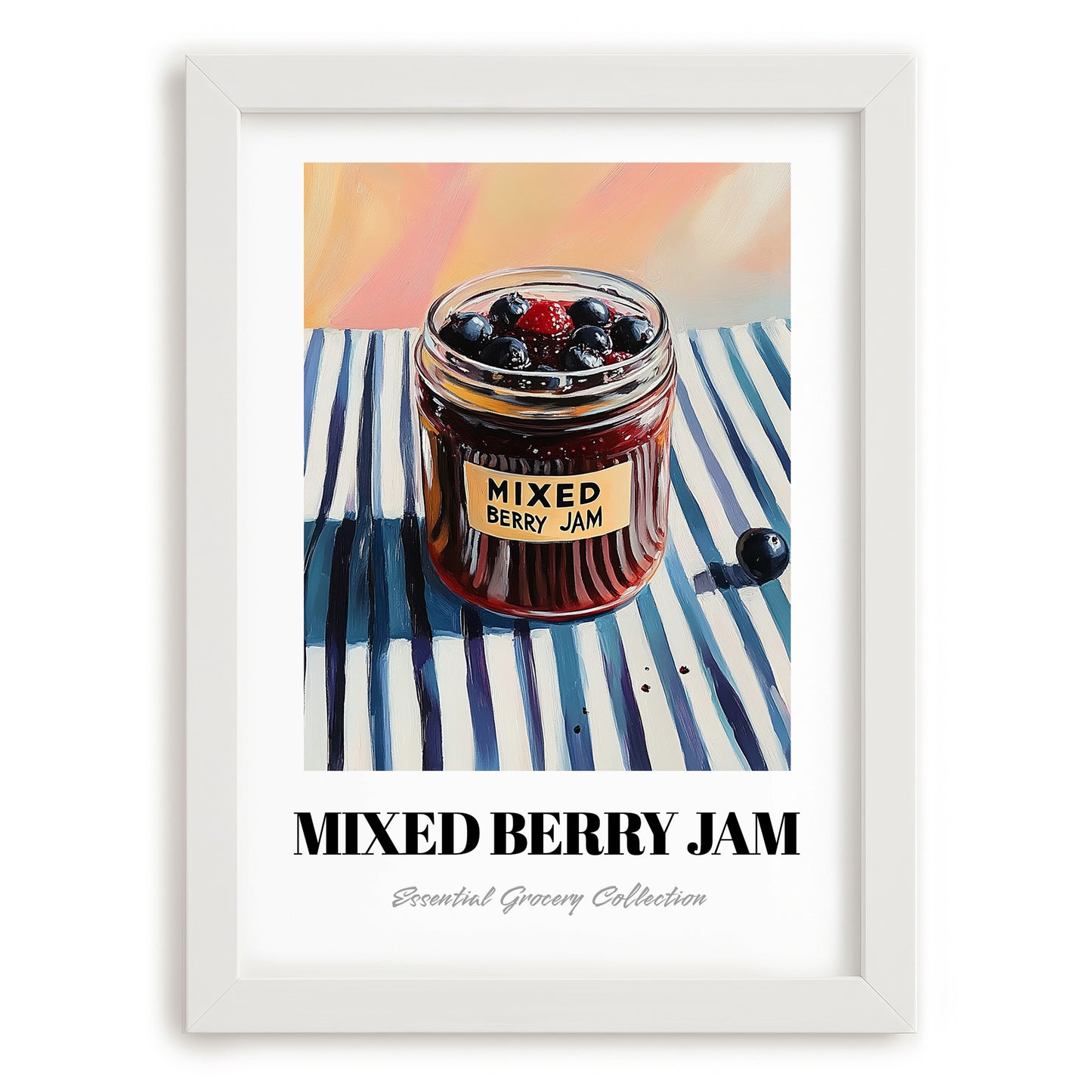 Mixed Berry Jam – on Striped Tablecloth, Jam Wall Decor, placed in minimal white frame