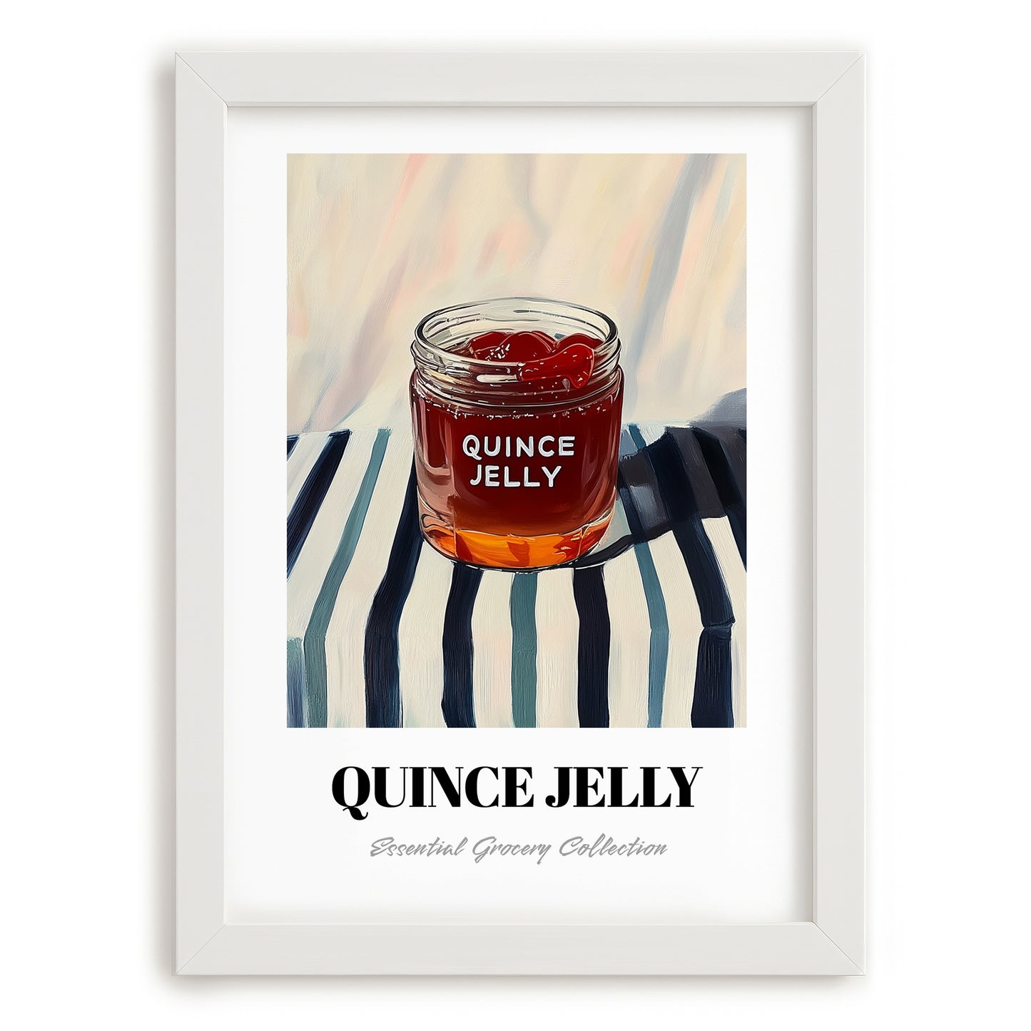 Quince Jelly – on Striped Tablecloth, Jam Illustration, placed in minimal white frame