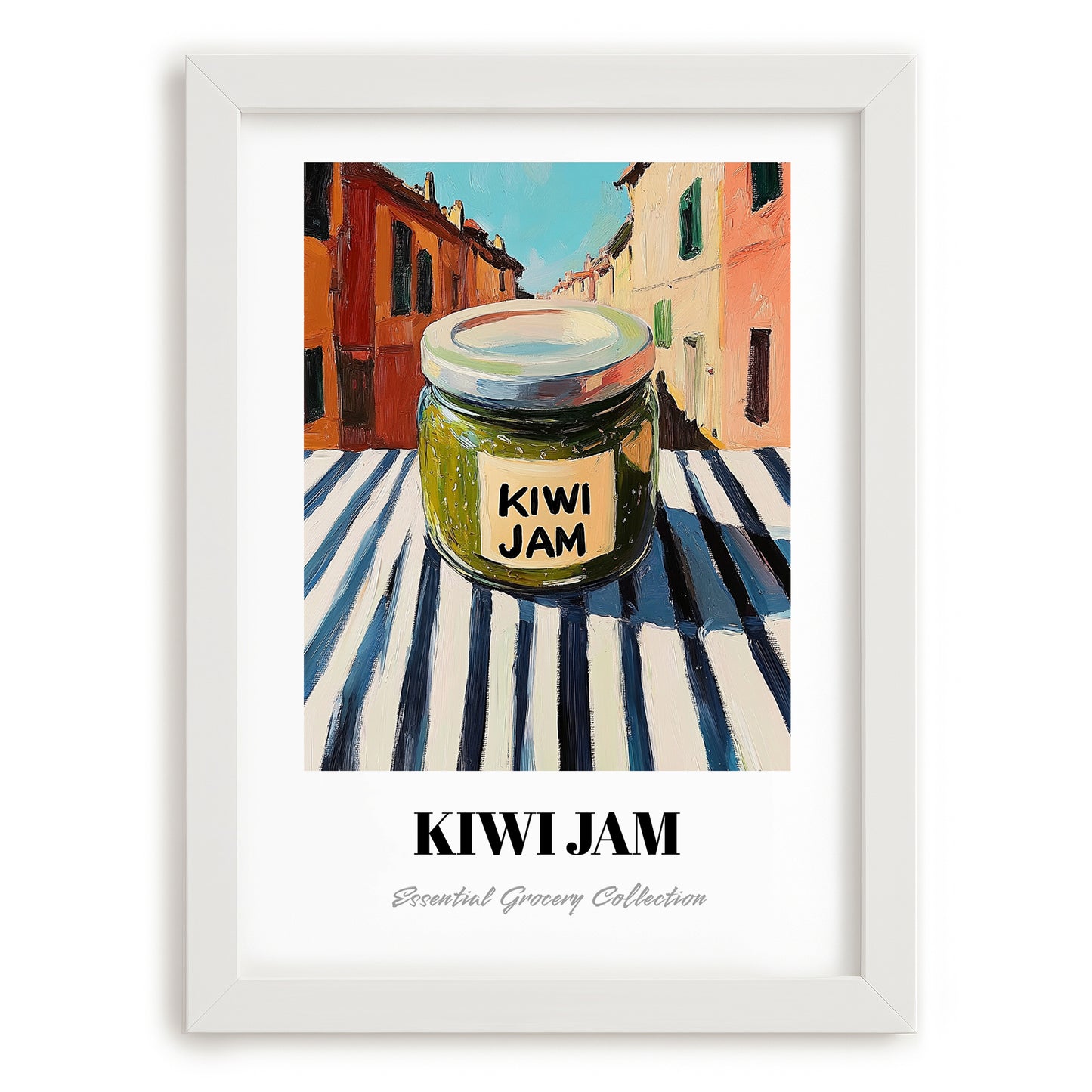 Kiwi Jam – Italian Street Café Scene, Jam Print, placed in minimal white frame
